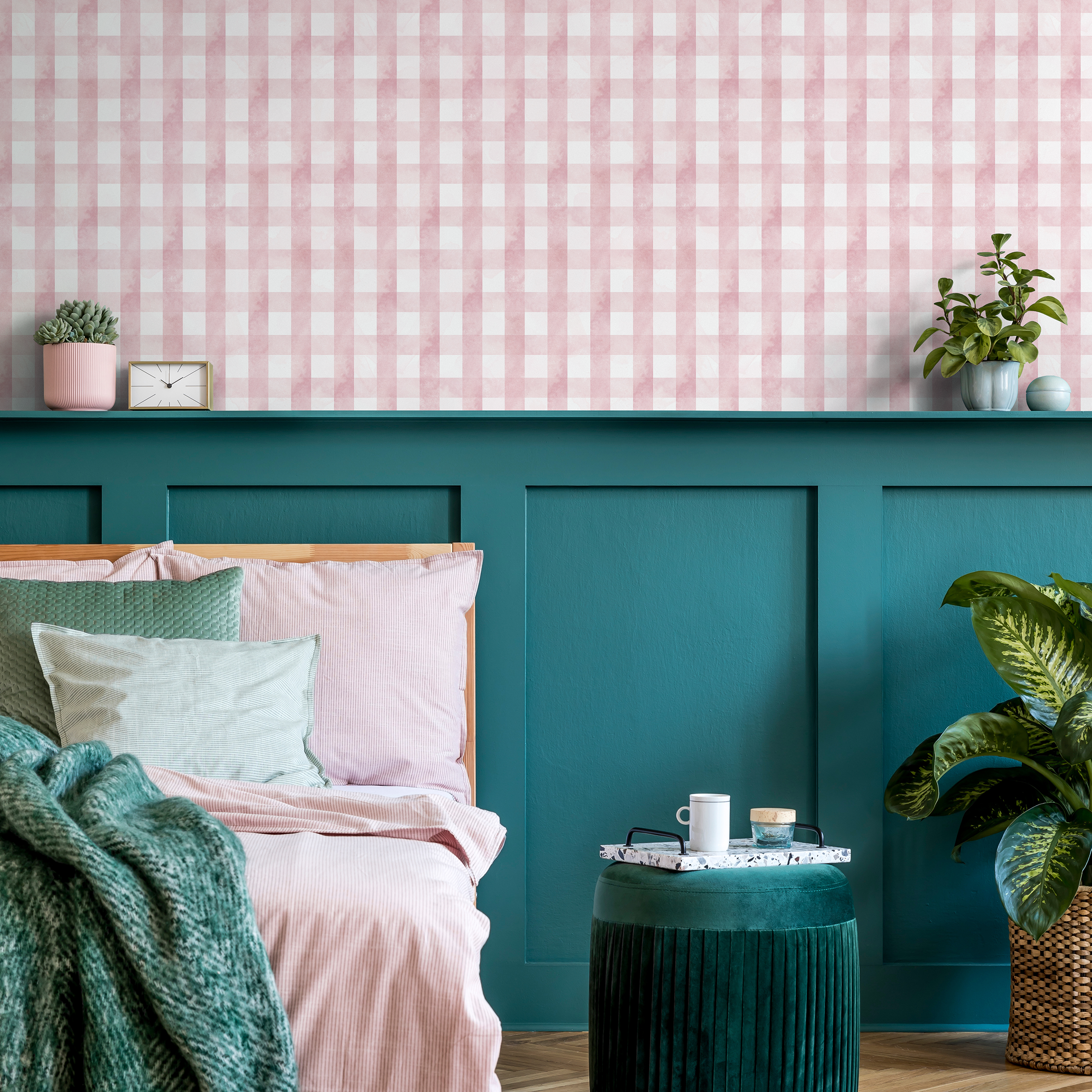 Gingham Wallpaper With A Watercolor Texture In Pink - D011