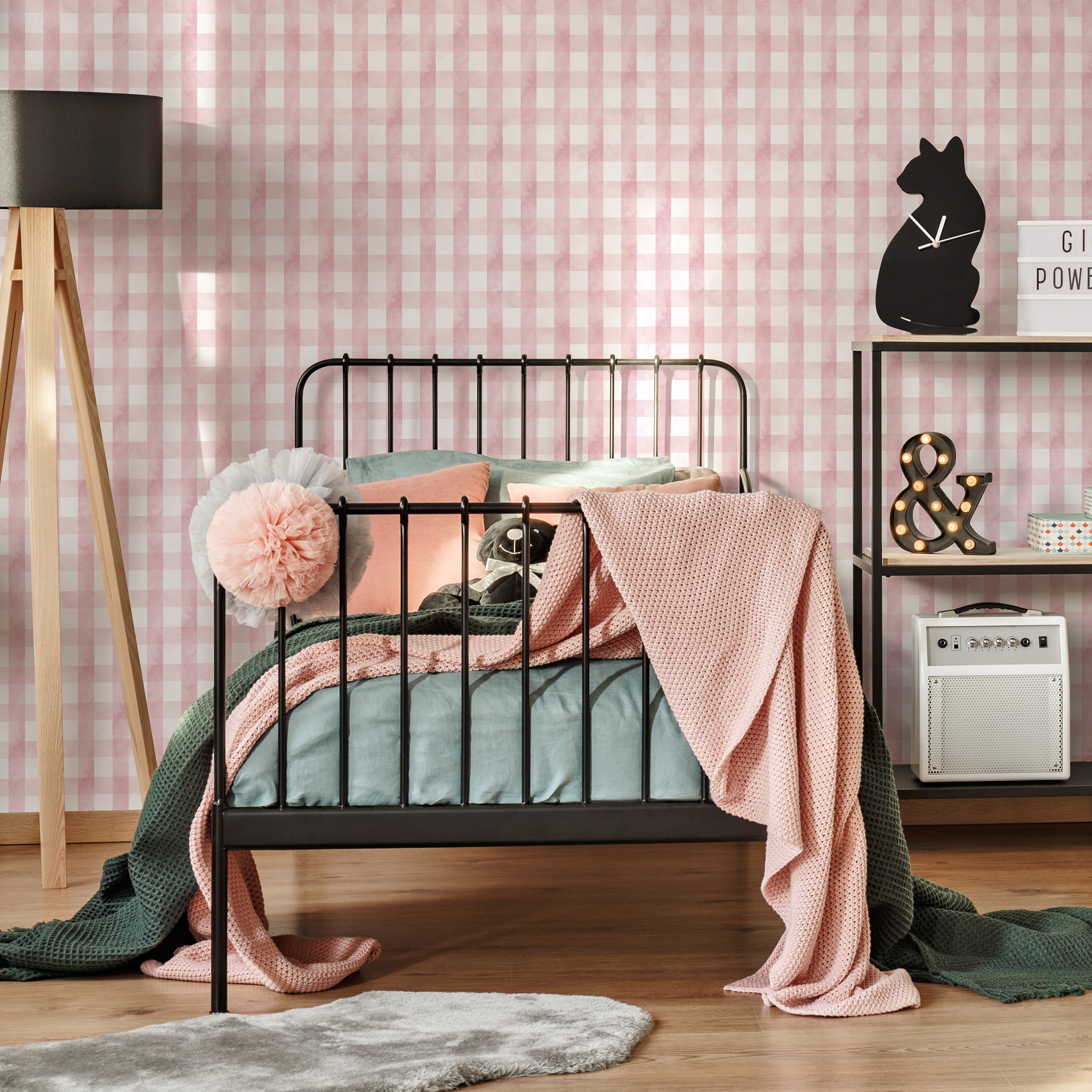 Gingham Wallpaper With A Watercolor Texture In Pink - D011