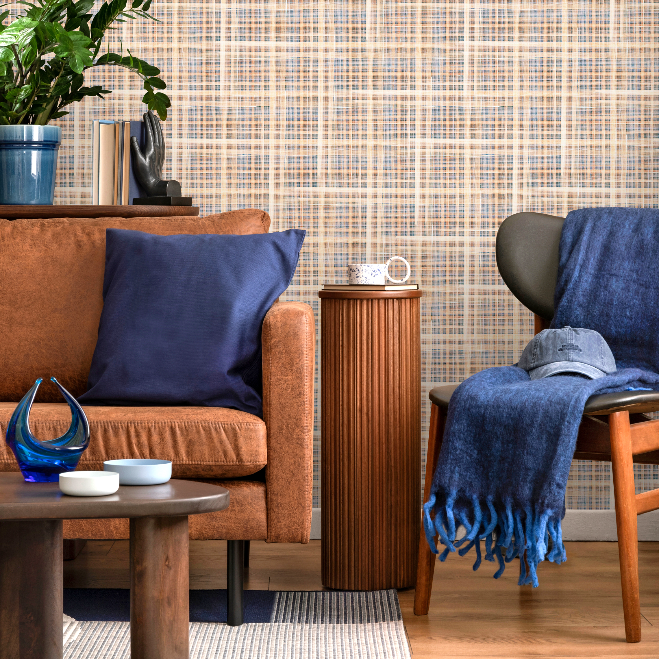 Tartan Wallpaper With A Woven Grid Motif In Blue, Orange, And Beige - D015