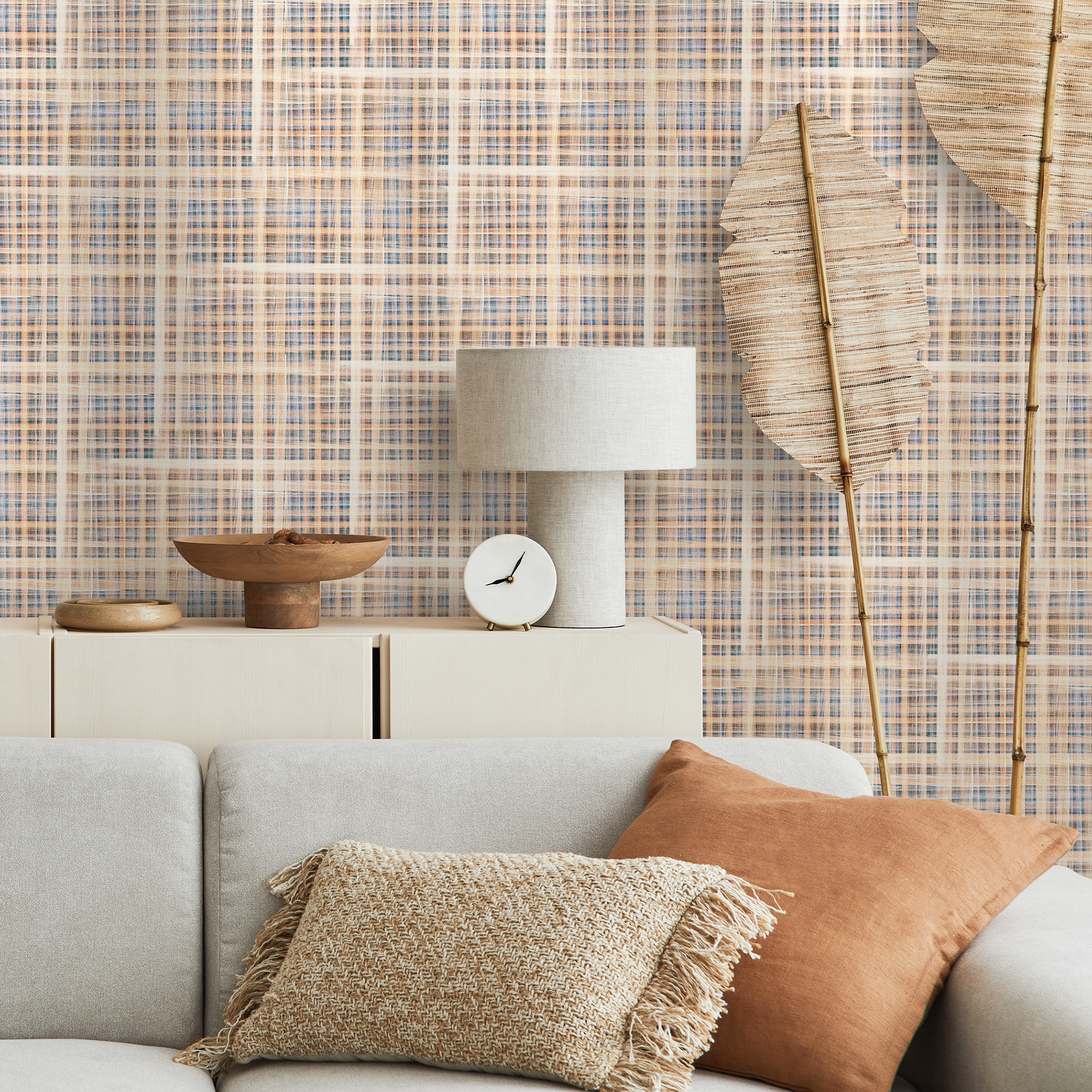 Tartan Wallpaper With A Woven Grid Motif In Blue, Orange, And Beige - D015