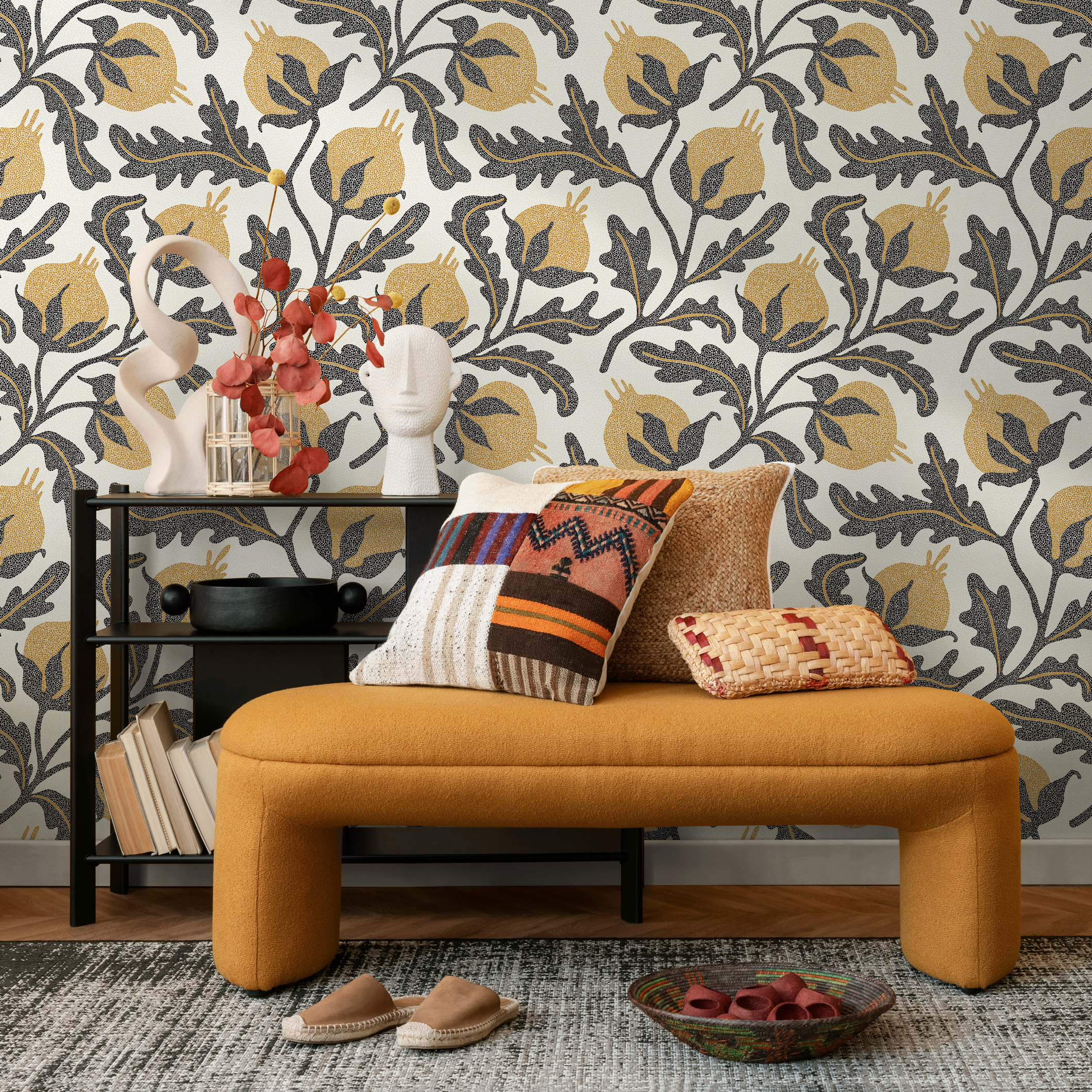 Vintage Wallpaper With A Stippled Pomegranate Motif In Yellow And Charcoal - D019