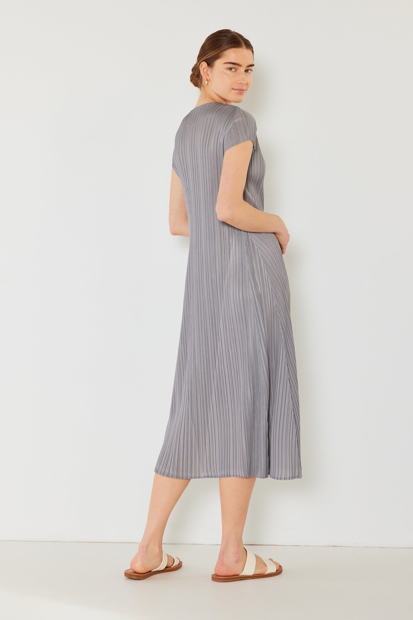 Pleated Cap Sleeve A-line Midi Dress - D01cs_gray