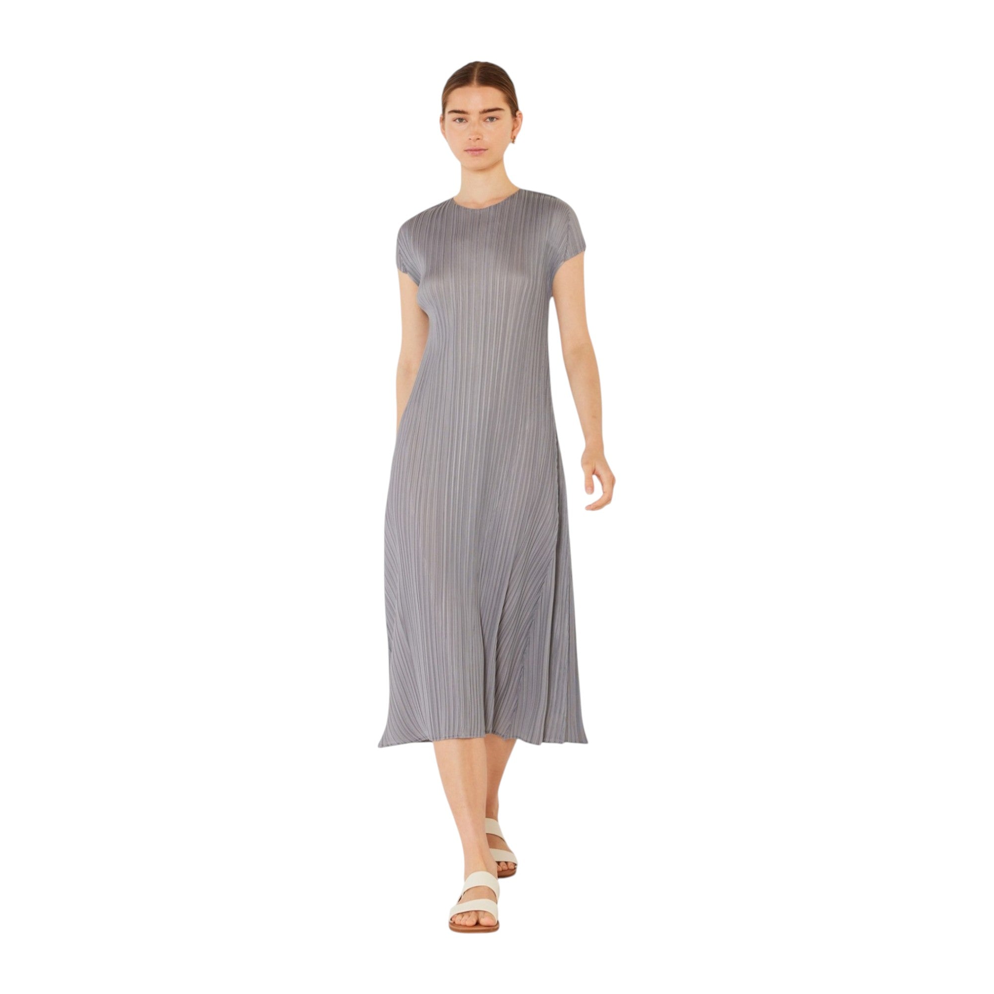 Pleated Cap Sleeve A-line Midi Dress - D01cs_gray