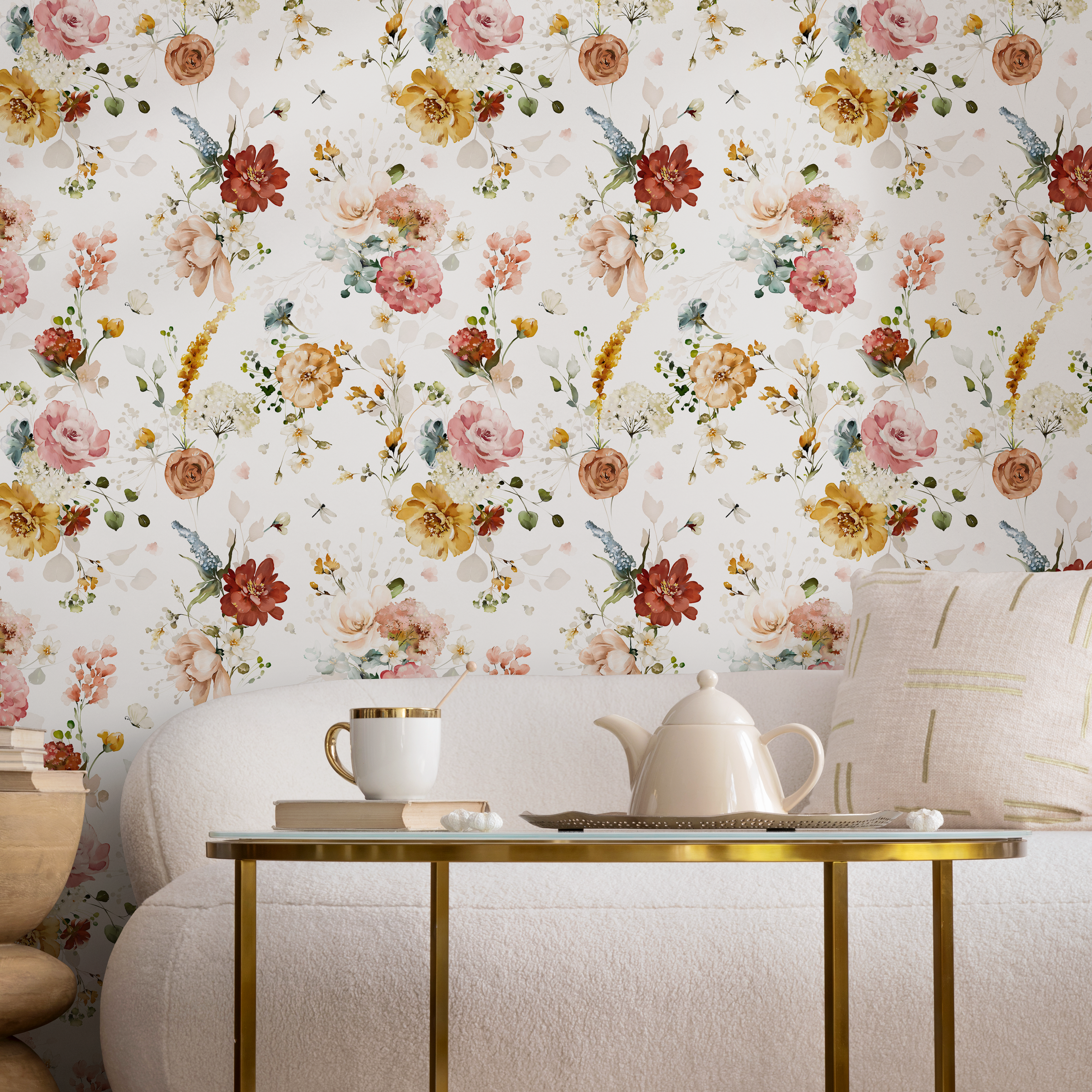 Floral Wallpaper With A Vintage Watercolor Motif In Pink, Yellow, And Red - D022