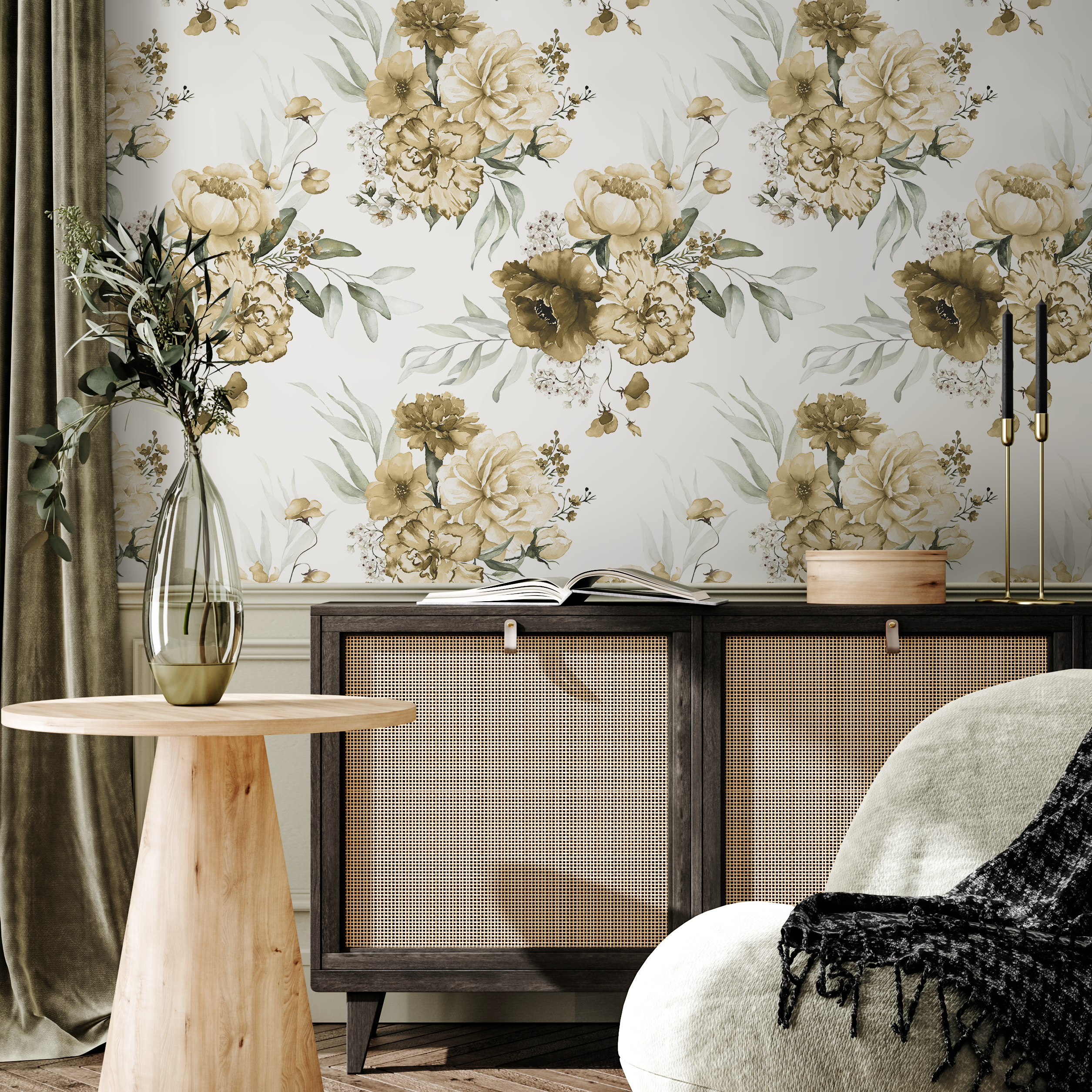 Floral Wallpaper Featuring Vintage Peonies In Yellow, Brown, And Green - D024