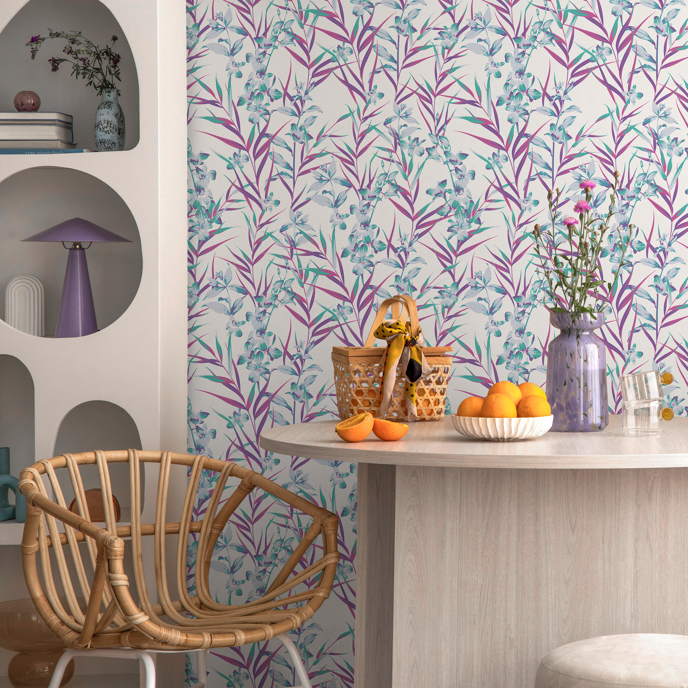 Botanical Wallpaper With Delicate Climbing Florals In Purple And Teal - D032