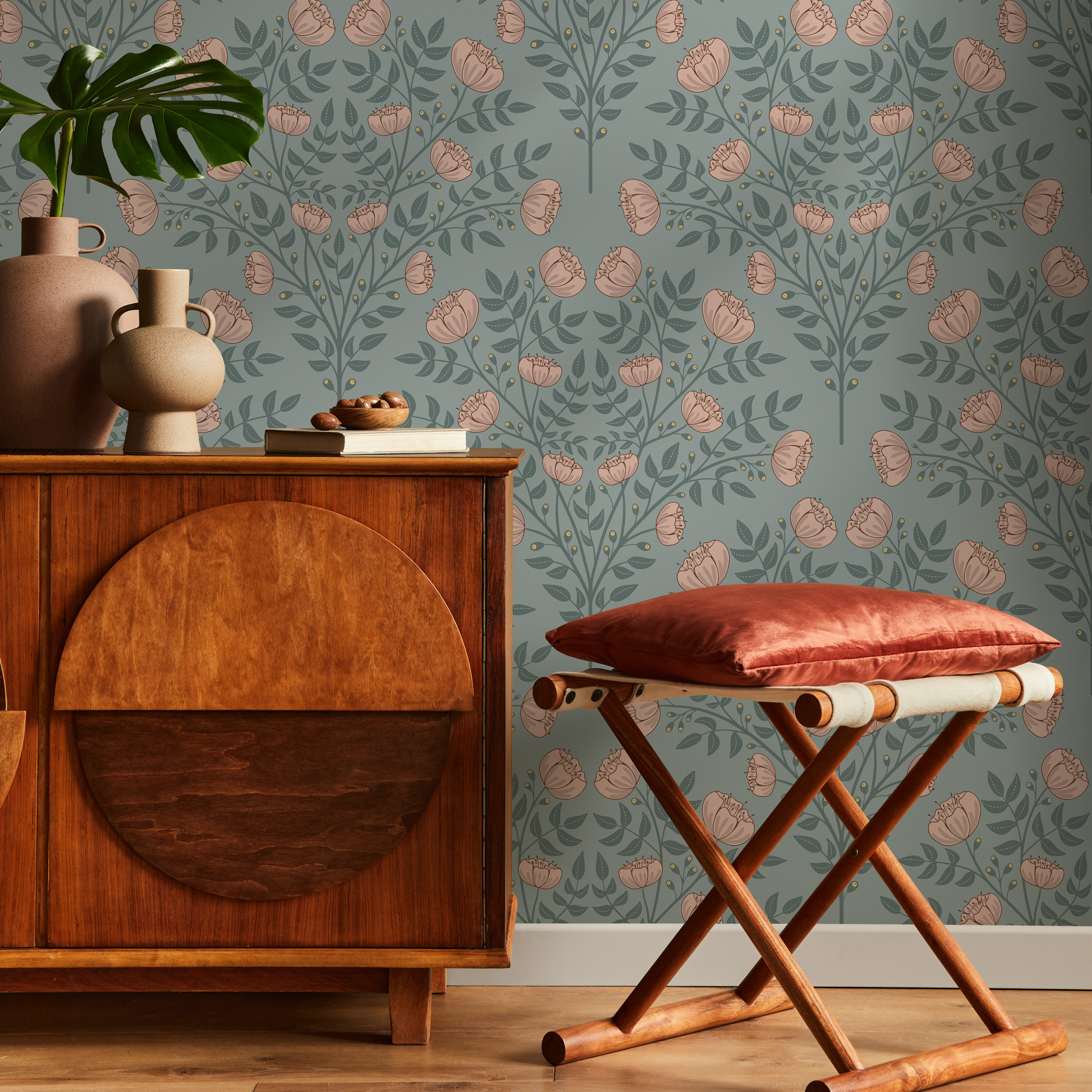 Floral Wallpaper With An Arts And Crafts Motif In Green And Pink - D037