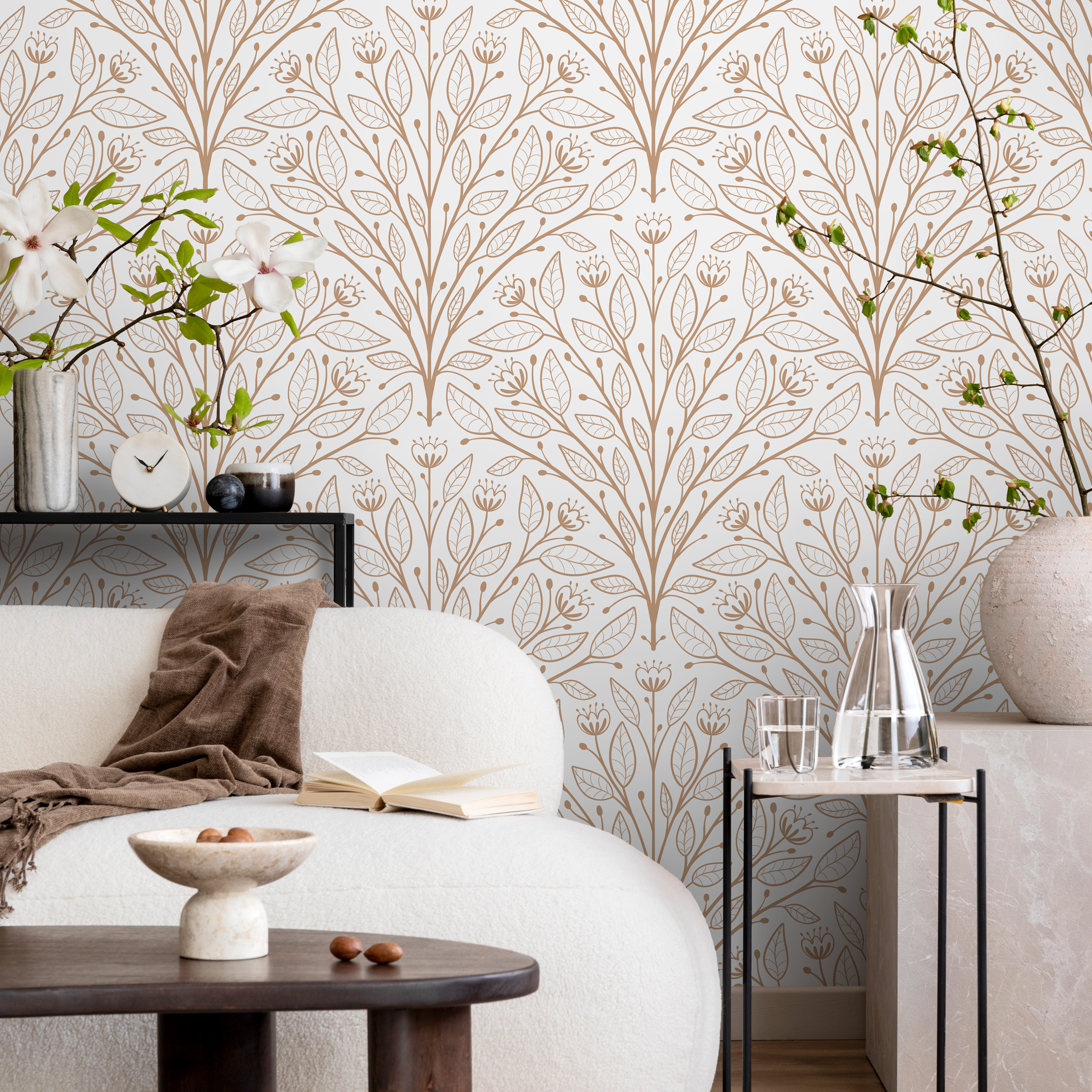 Botanical Wallpaper With A Symmetrical Branch Motif In Beige And Brown - D041