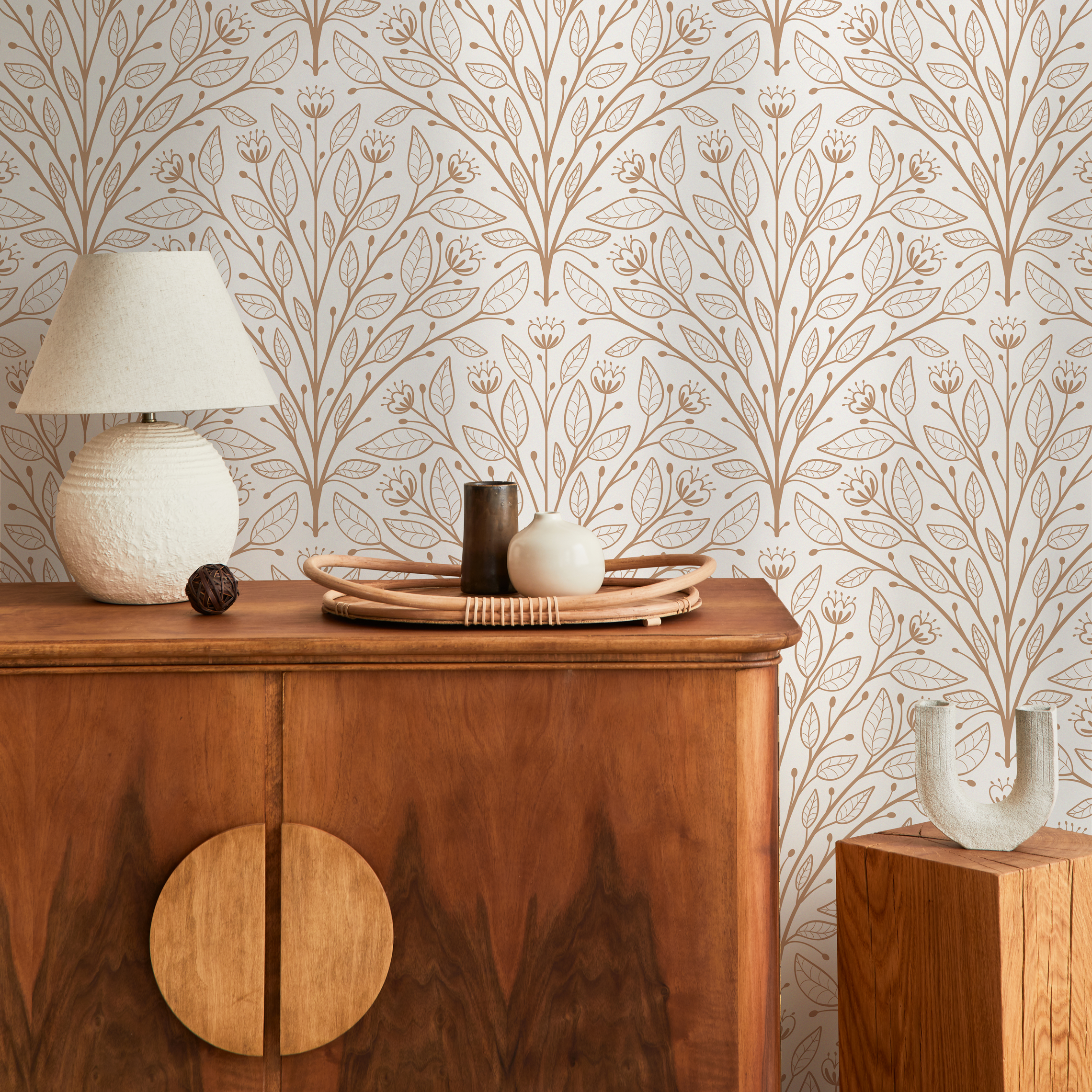 Botanical Wallpaper With A Symmetrical Branch Motif In Beige And Brown - D041