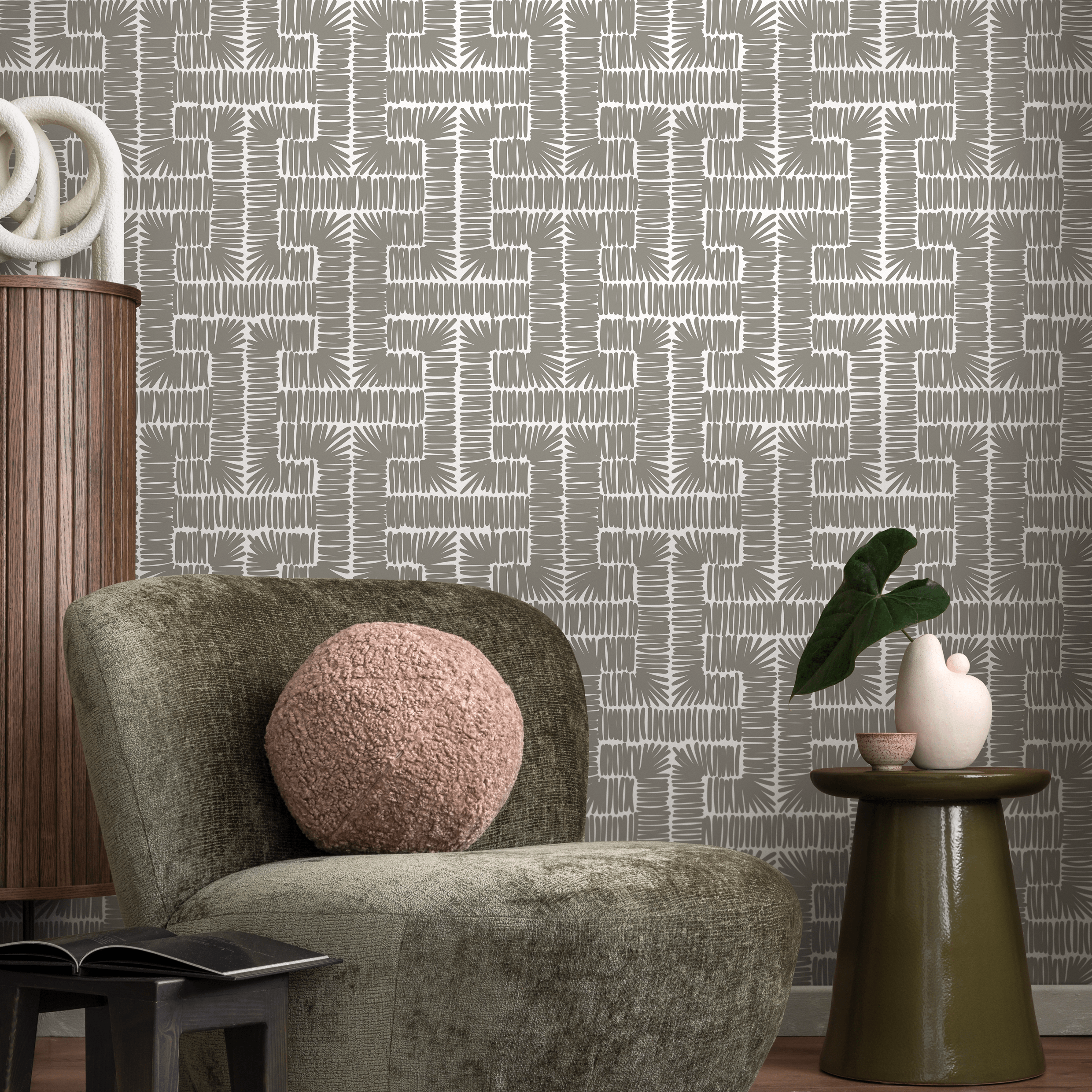 Geometric Wallpaper With A Hand-drawn Labyrinth Motif In Gray And White - D048