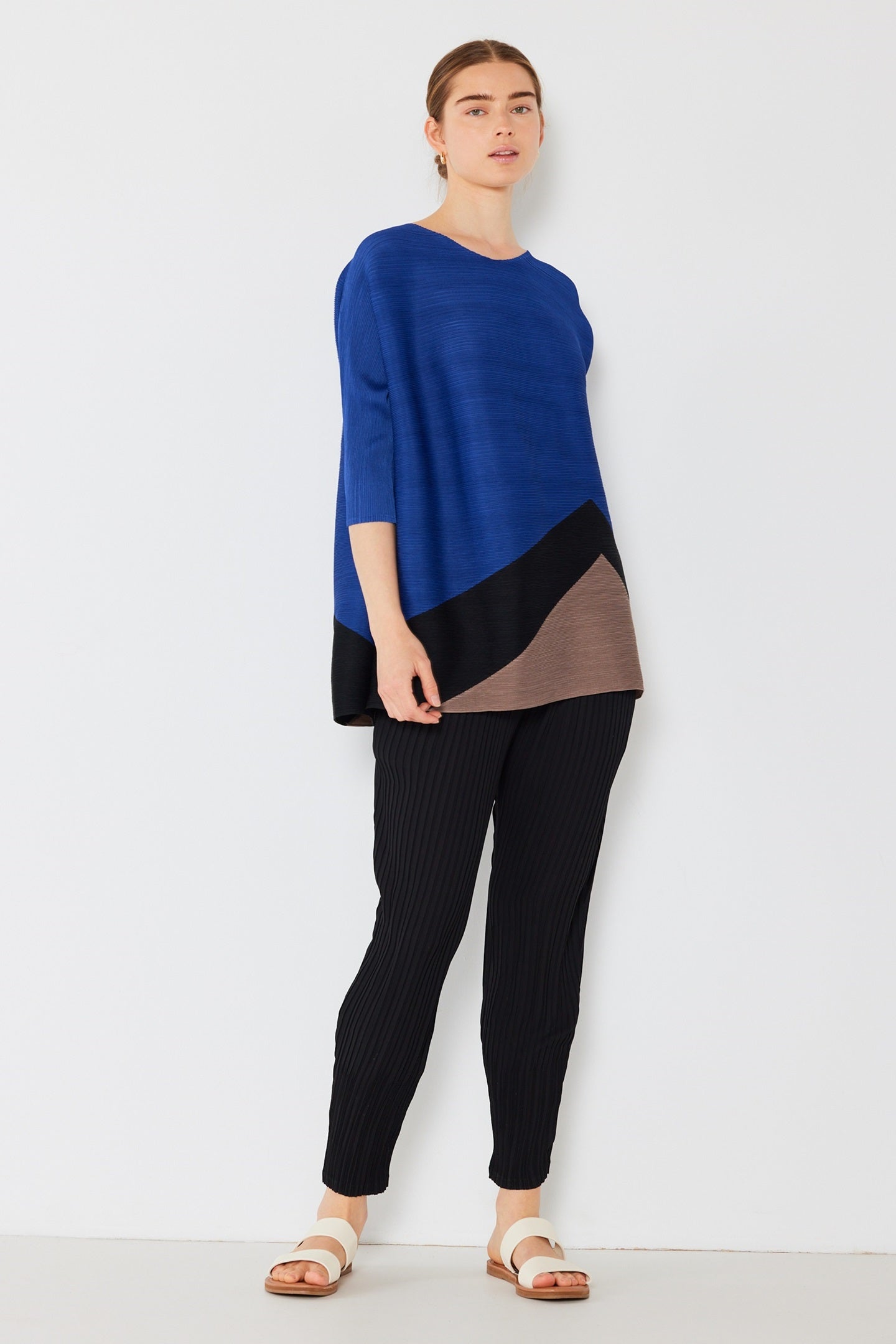 Pleated Horizontal Colorblock Tunic Top - D04mt_blue