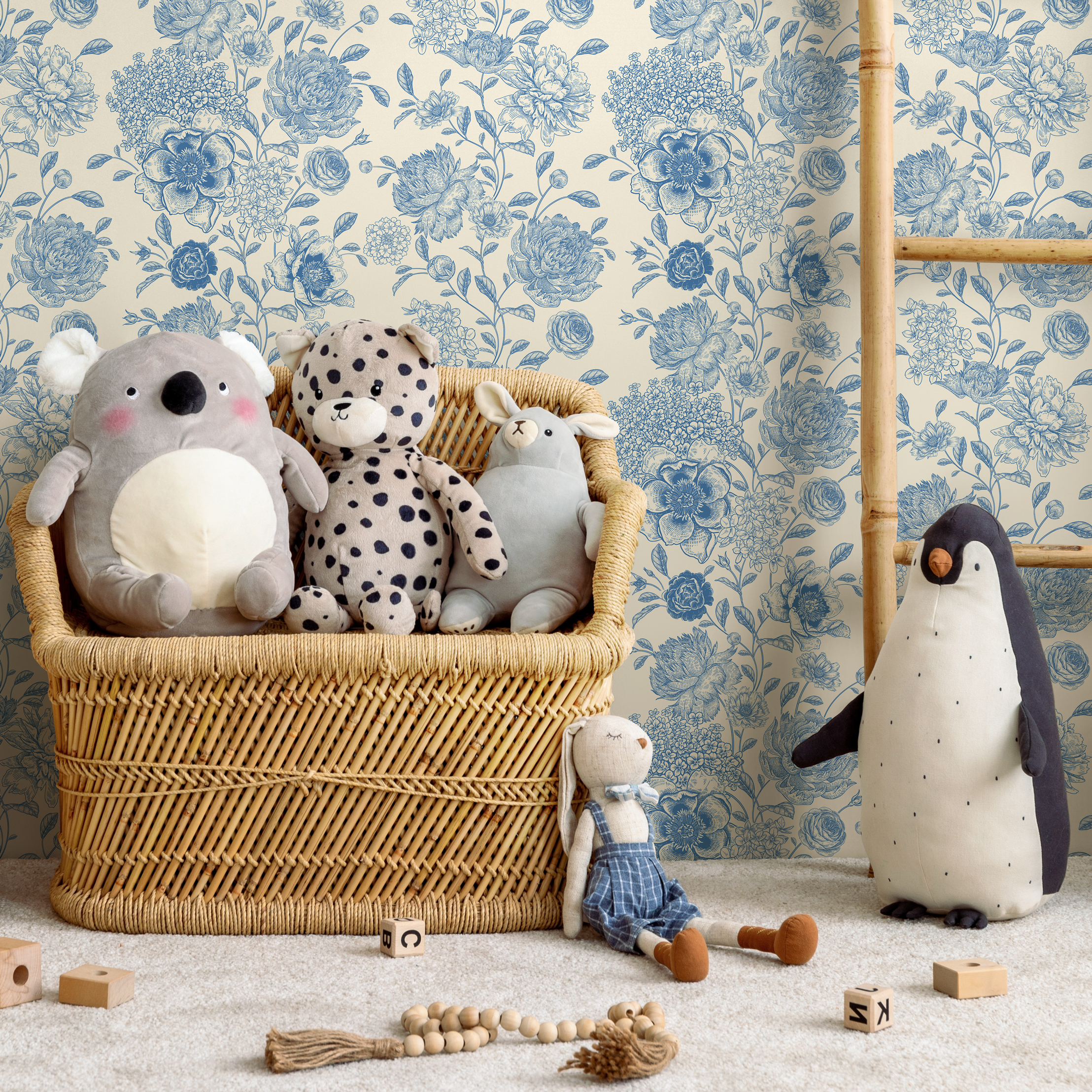 Vintage Floral Wallpaper With A Toile Motif In Blue And Cream - D052