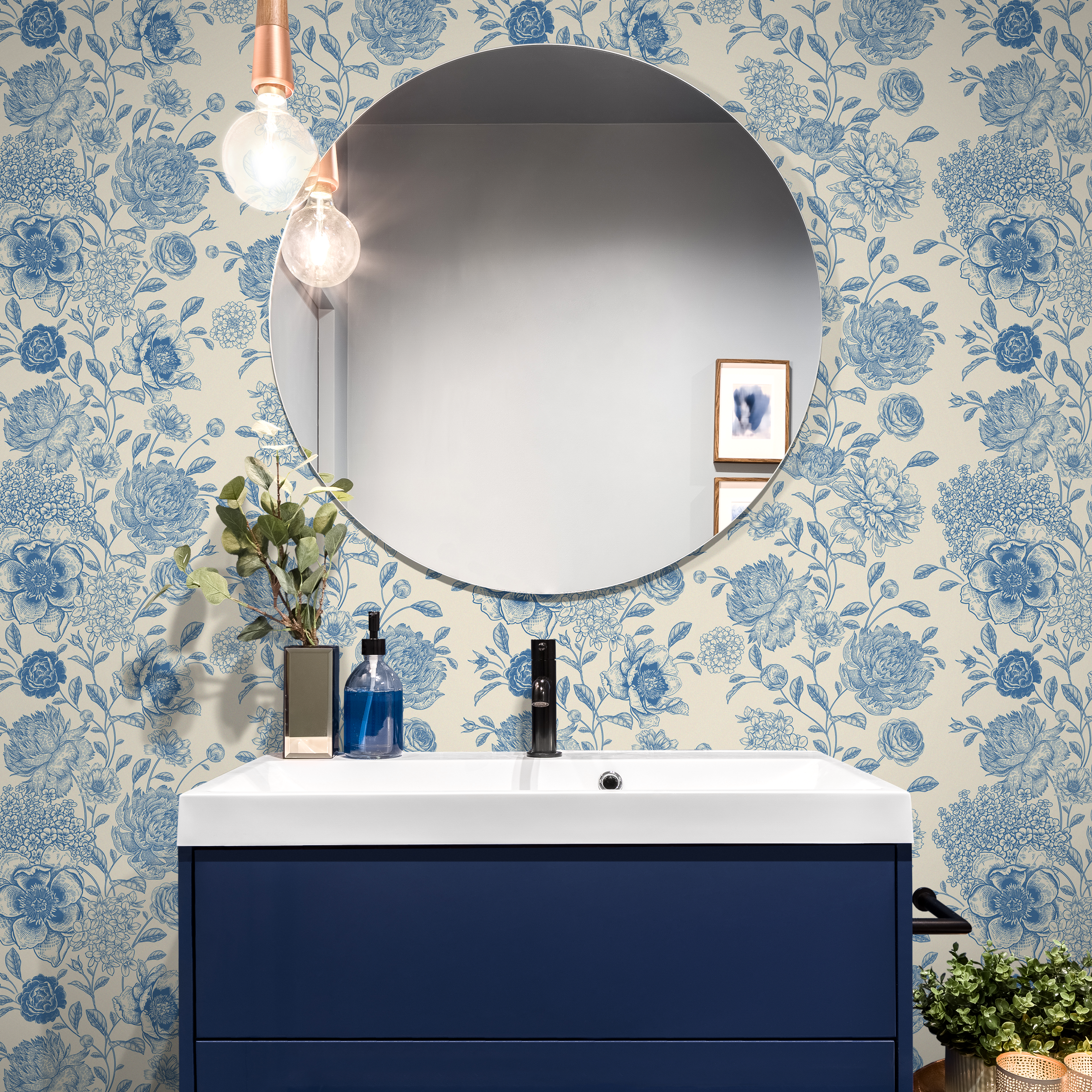 Vintage Floral Wallpaper With A Toile Motif In Blue And Cream - D052