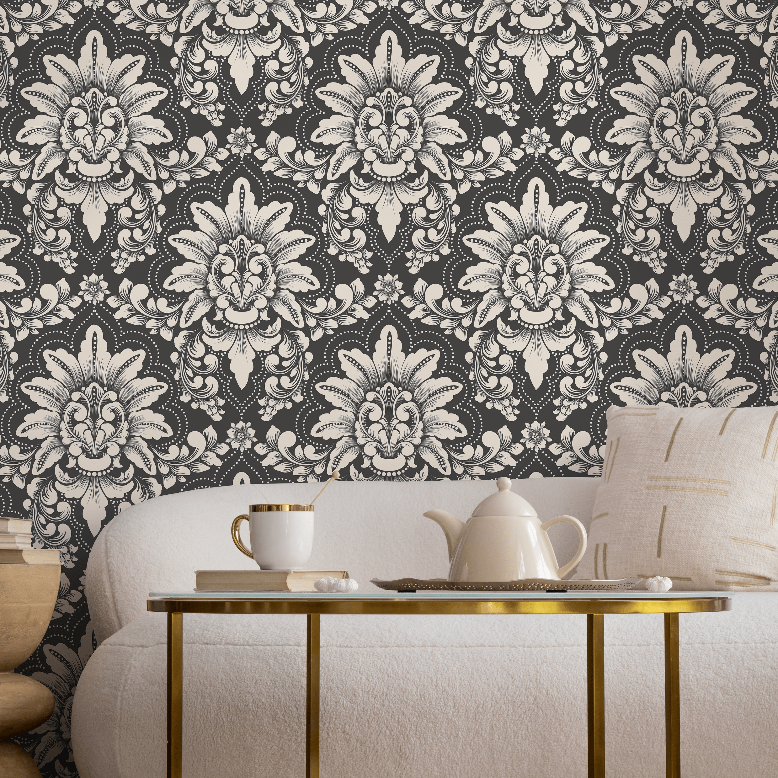 Damask Wallpaper With An Intricate Vintage Motif In Charcoal Gray And Cream - D063