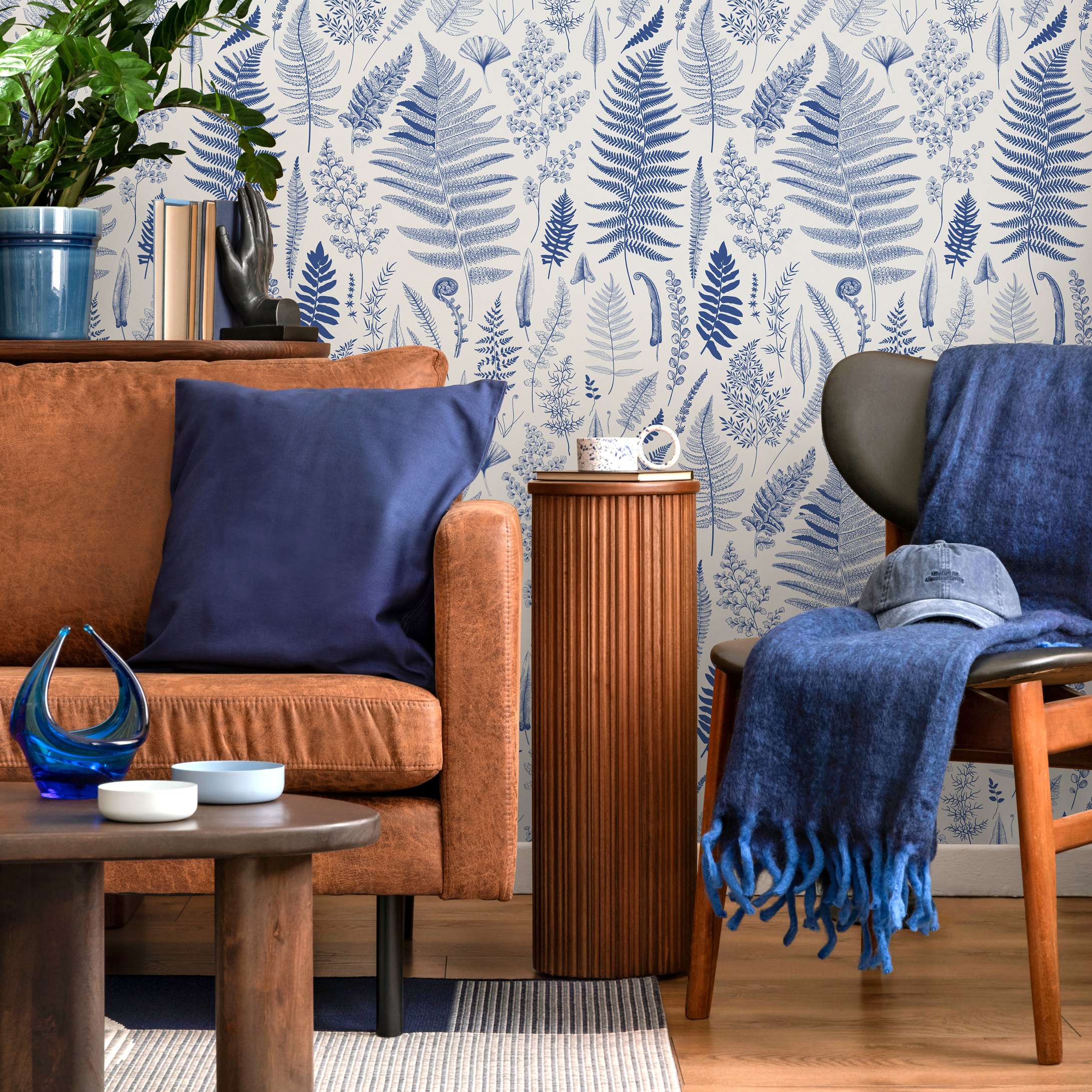 Botanical Wallpaper Featuring An Intricate Fern Motif In Blue - D067