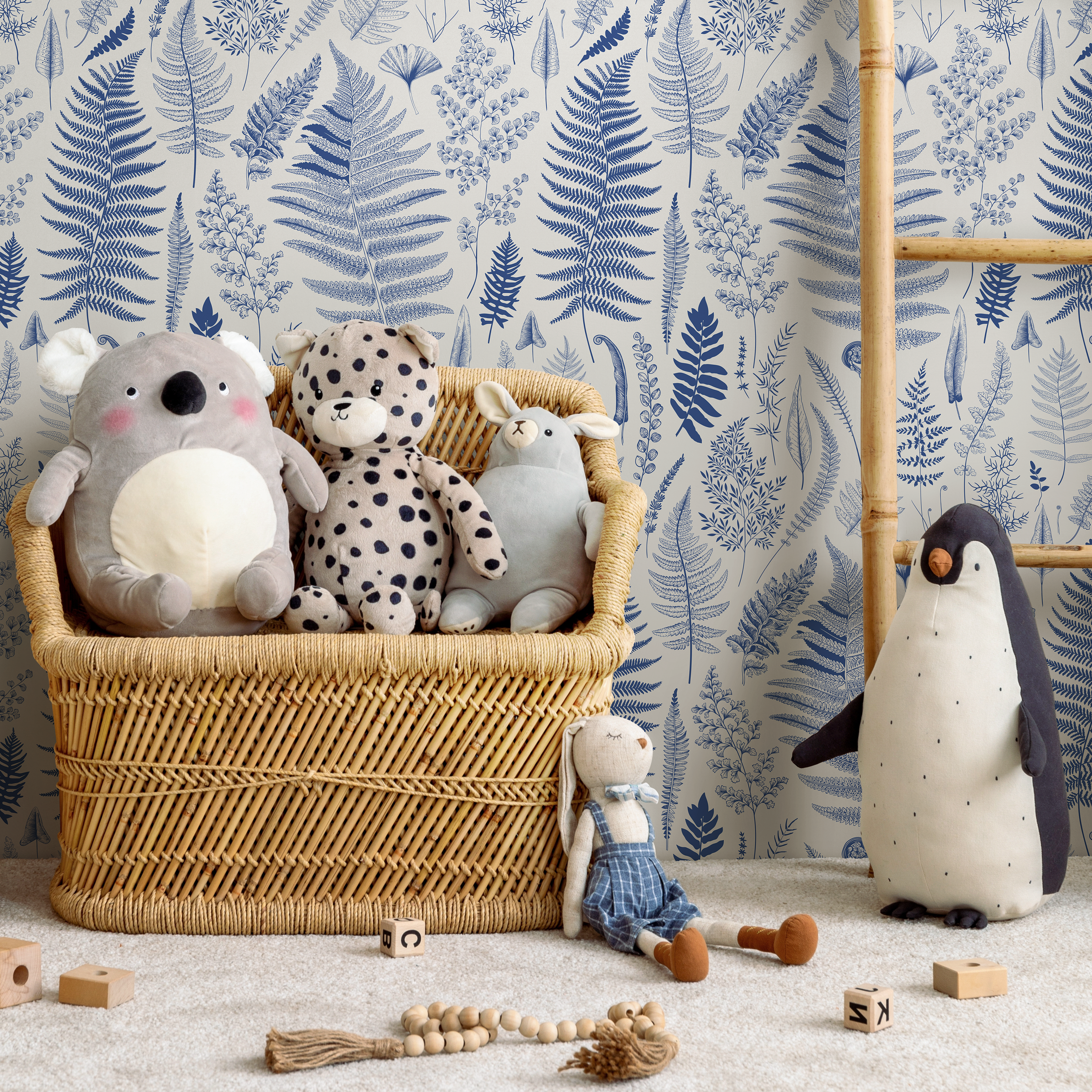 Botanical Wallpaper Featuring An Intricate Fern Motif In Blue - D067