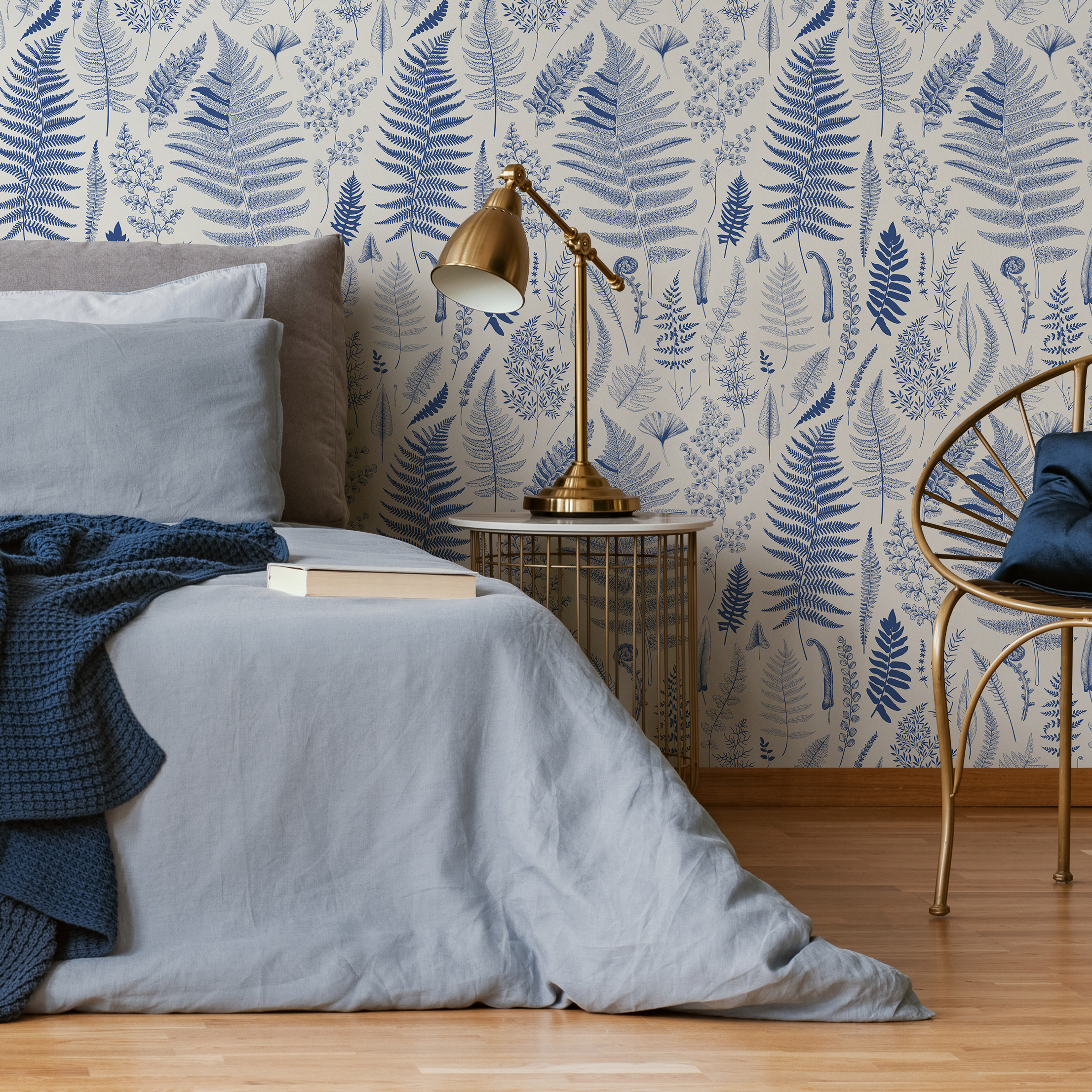 Botanical Wallpaper Featuring An Intricate Fern Motif In Blue - D067