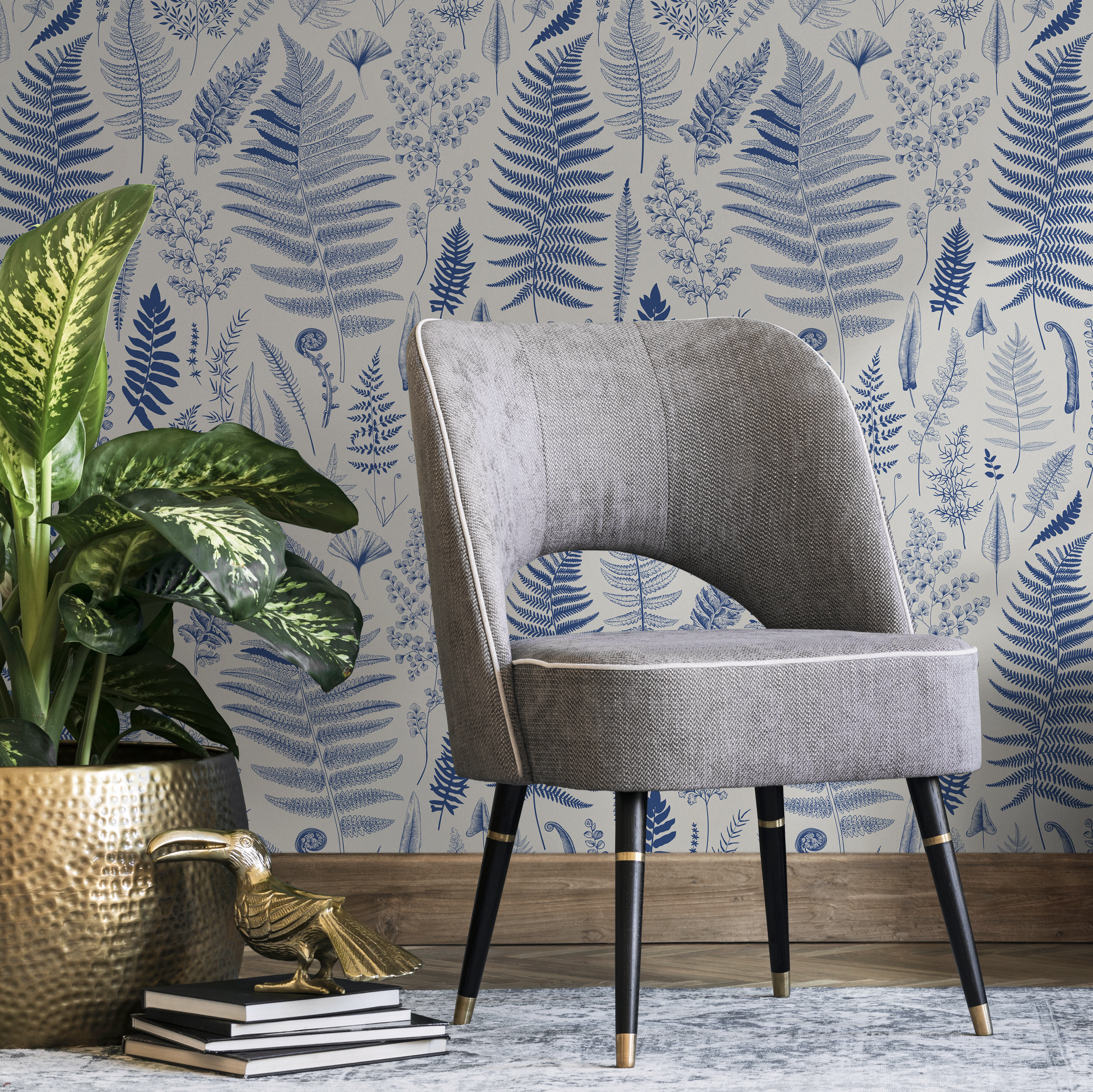 Botanical Wallpaper Featuring An Intricate Fern Motif In Blue - D067