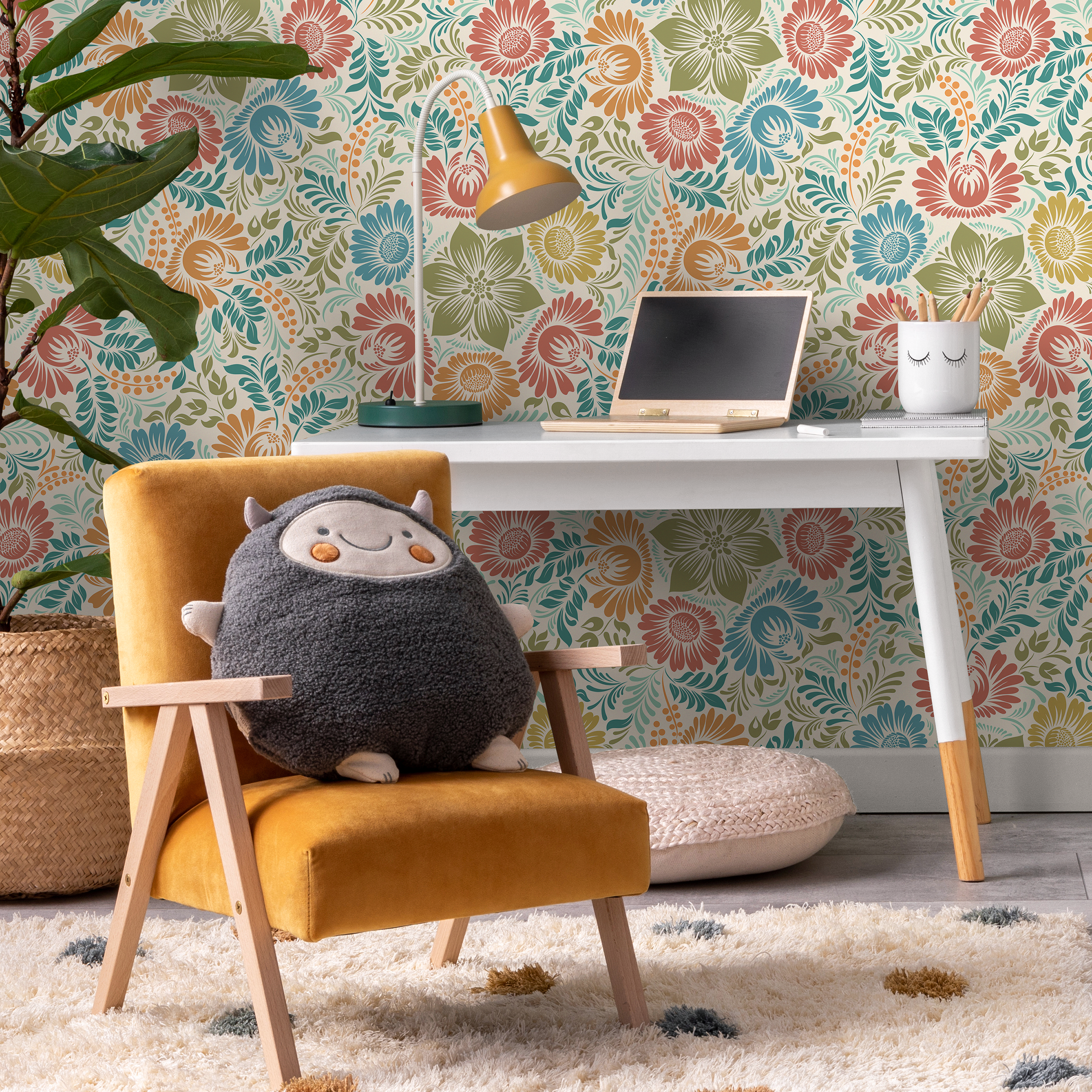 Floral Wallpaper With Stylized Folk Art Flowers In Red, Blue, And Green - D070