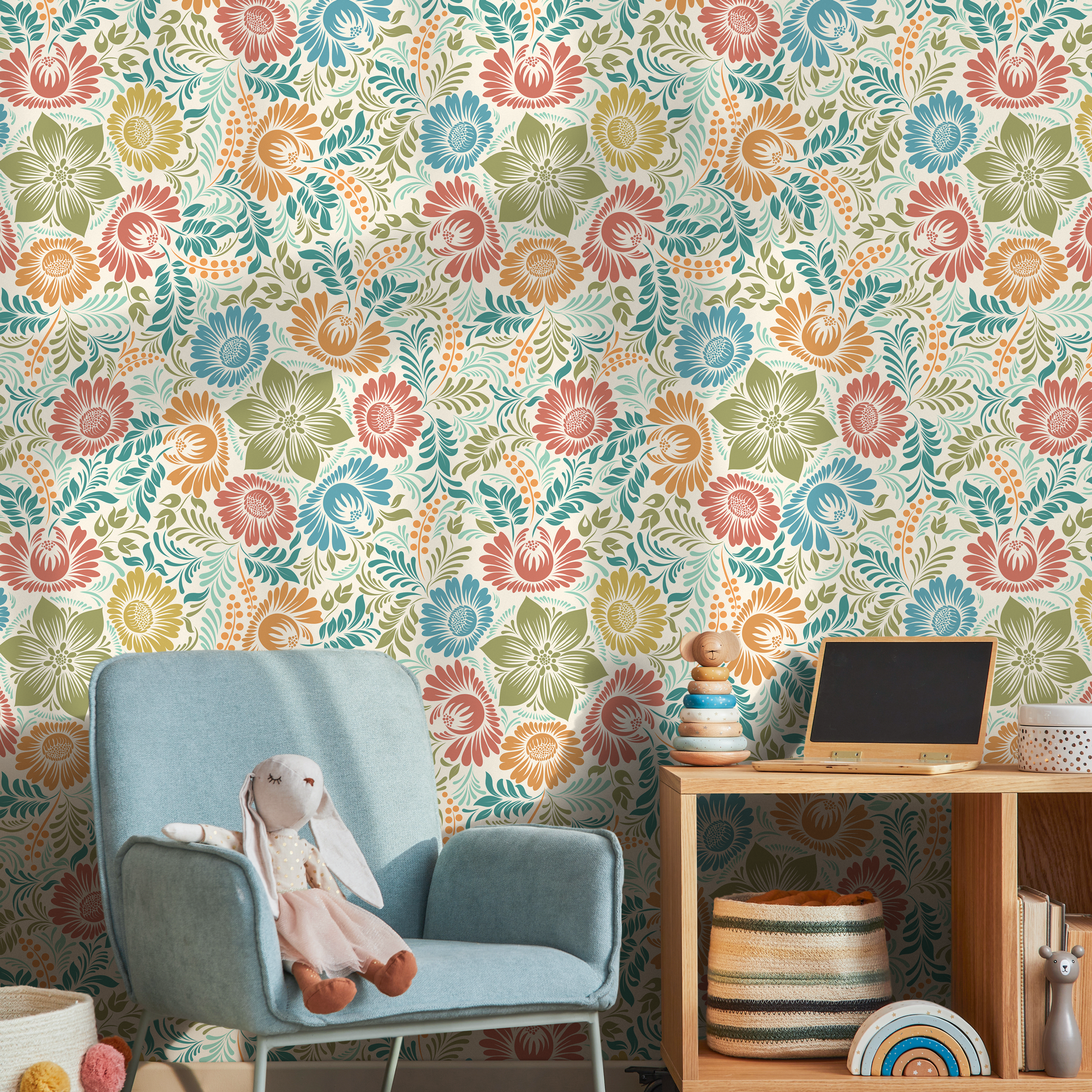 Floral Wallpaper With Stylized Folk Art Flowers In Red, Blue, And Green - D070