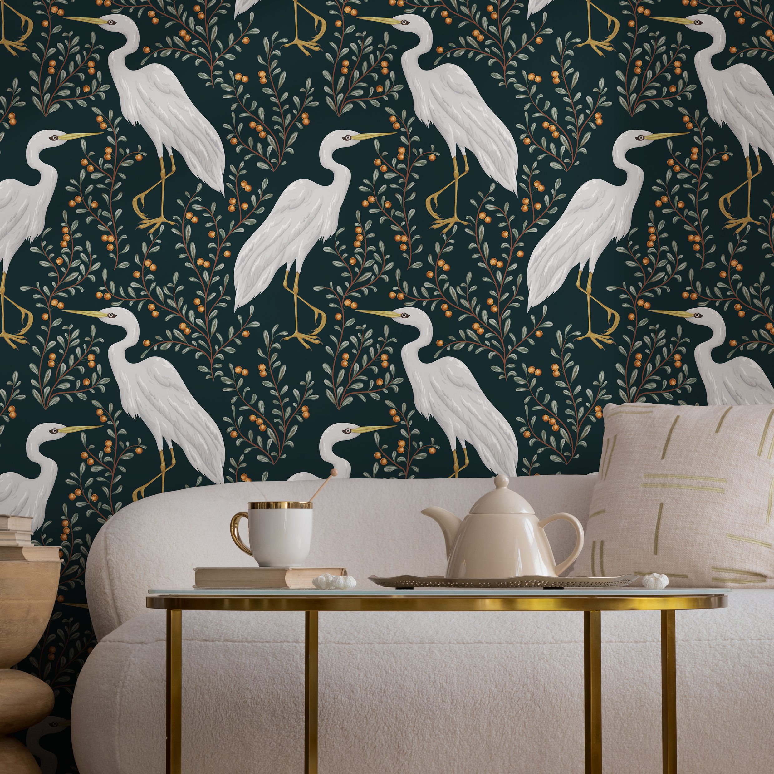 Bird Wallpaper Featuring Elegant Cranes And Berry Branches In Dark Teal And White - D072