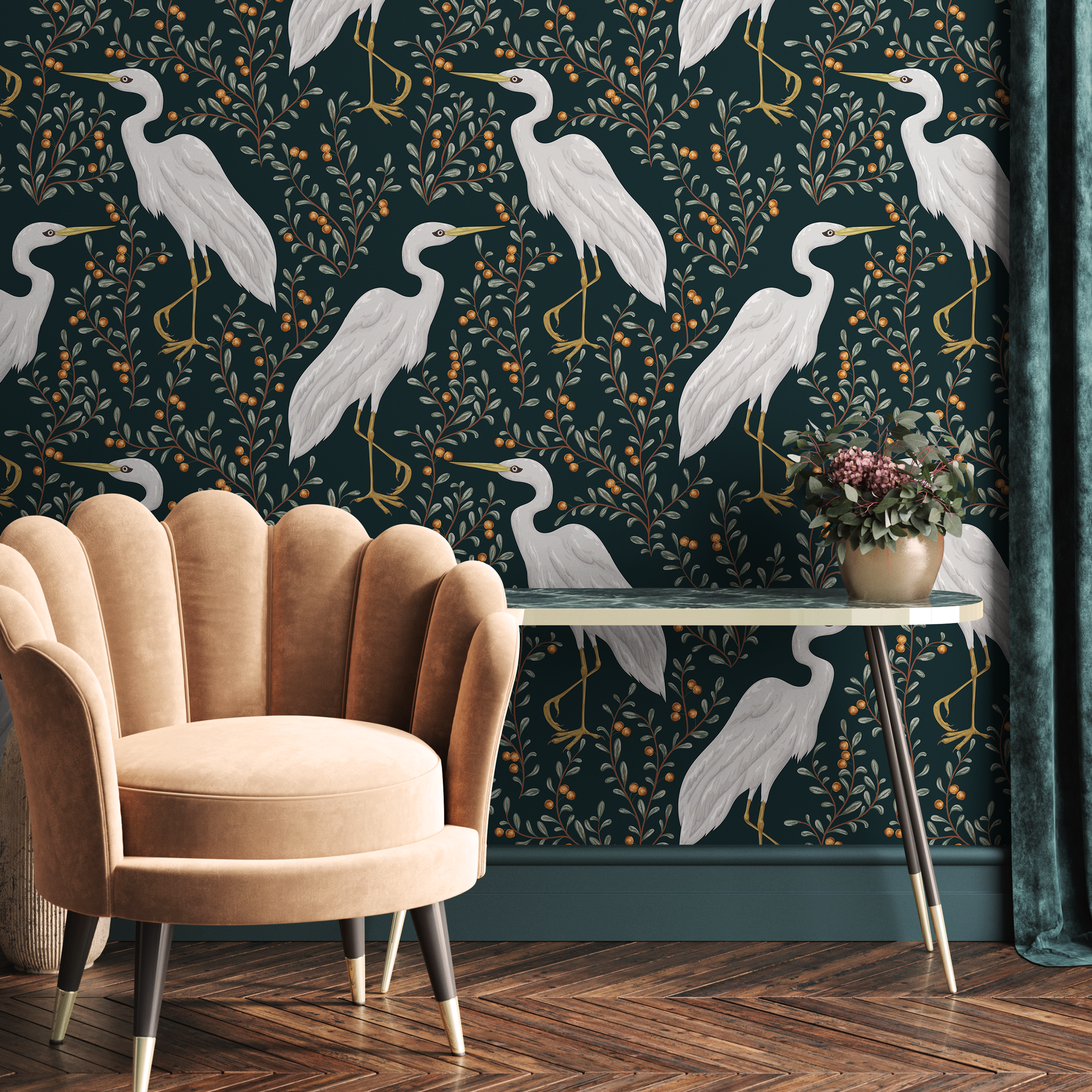 Bird Wallpaper Featuring Elegant Cranes And Berry Branches In Dark Teal And White - D072
