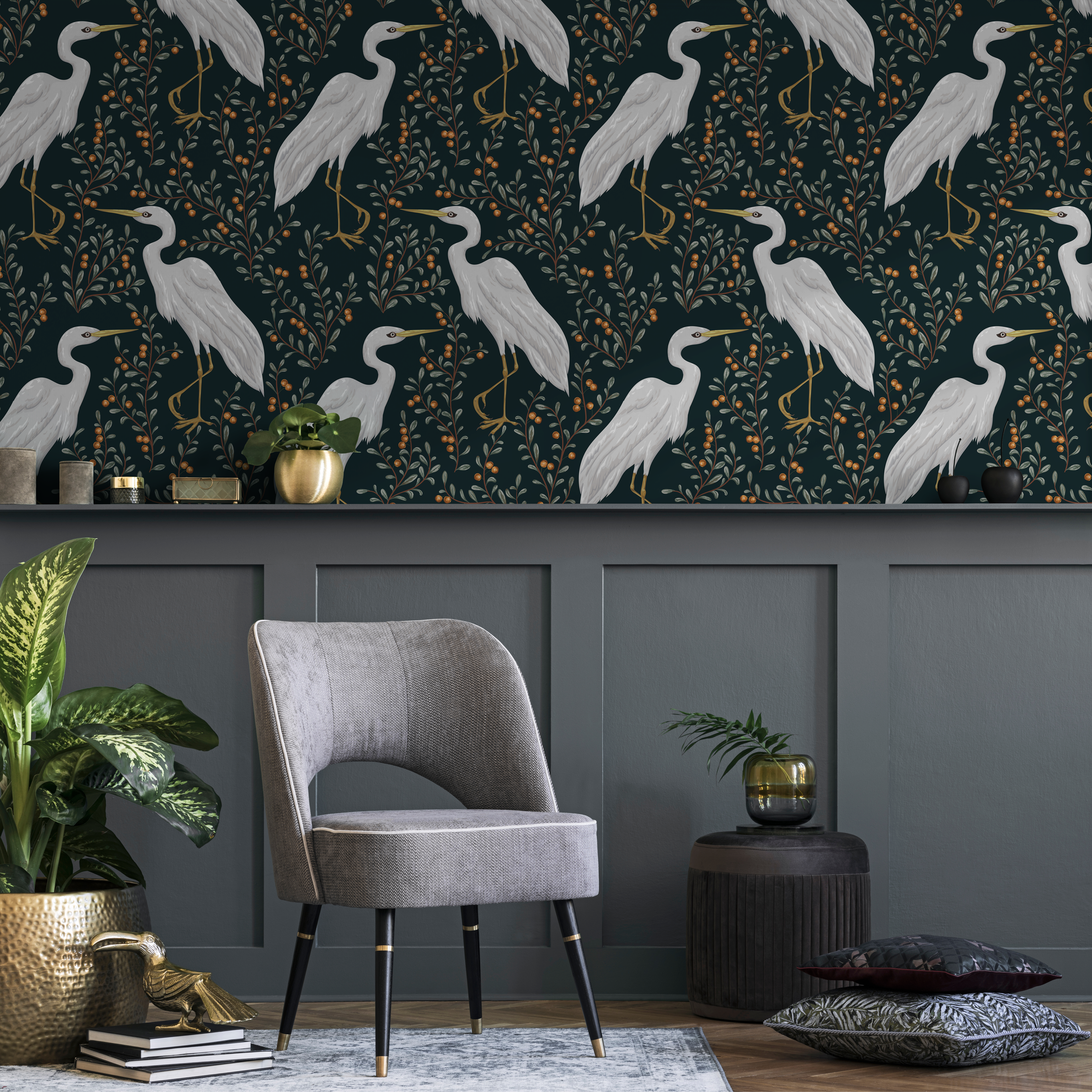 Bird Wallpaper Featuring Elegant Cranes And Berry Branches In Dark Teal And White - D072