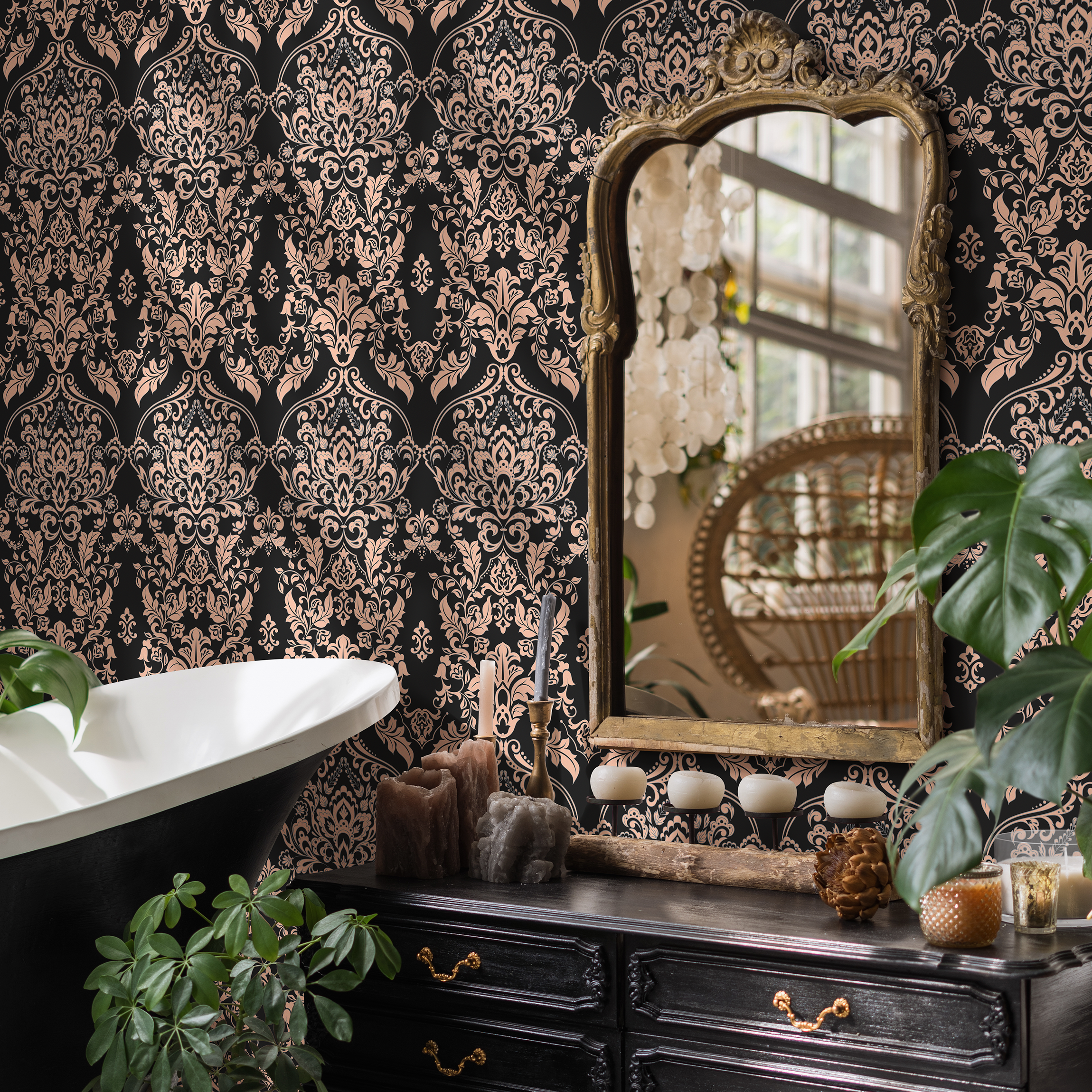 Victorian Wallpaper With An Ornate Damask Motif In Black And Rose Gold - D076