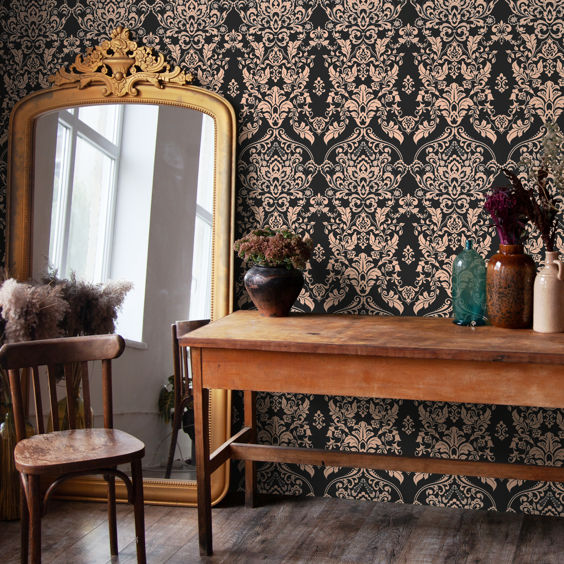 Victorian Wallpaper With An Ornate Damask Motif In Black And Rose Gold - D076