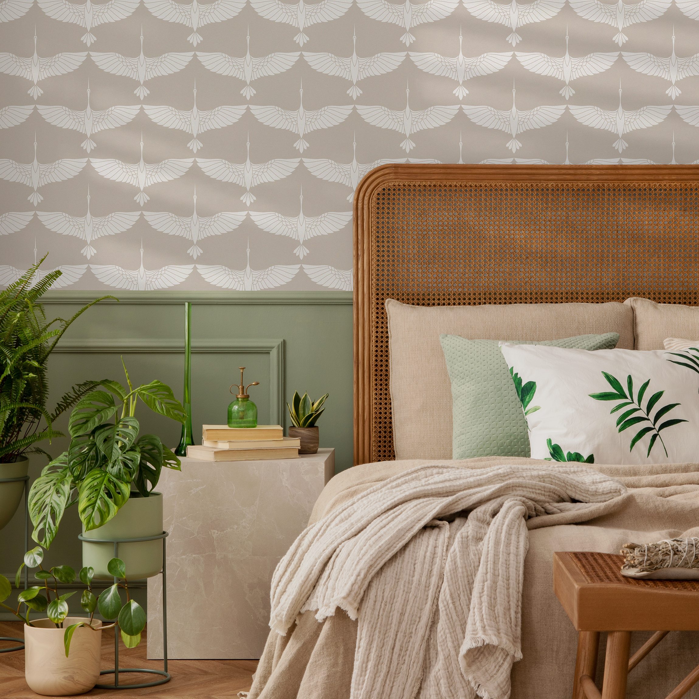 Art Deco Wallpaper With A Stylized Crane Motif In Cream And Taupe - D085
