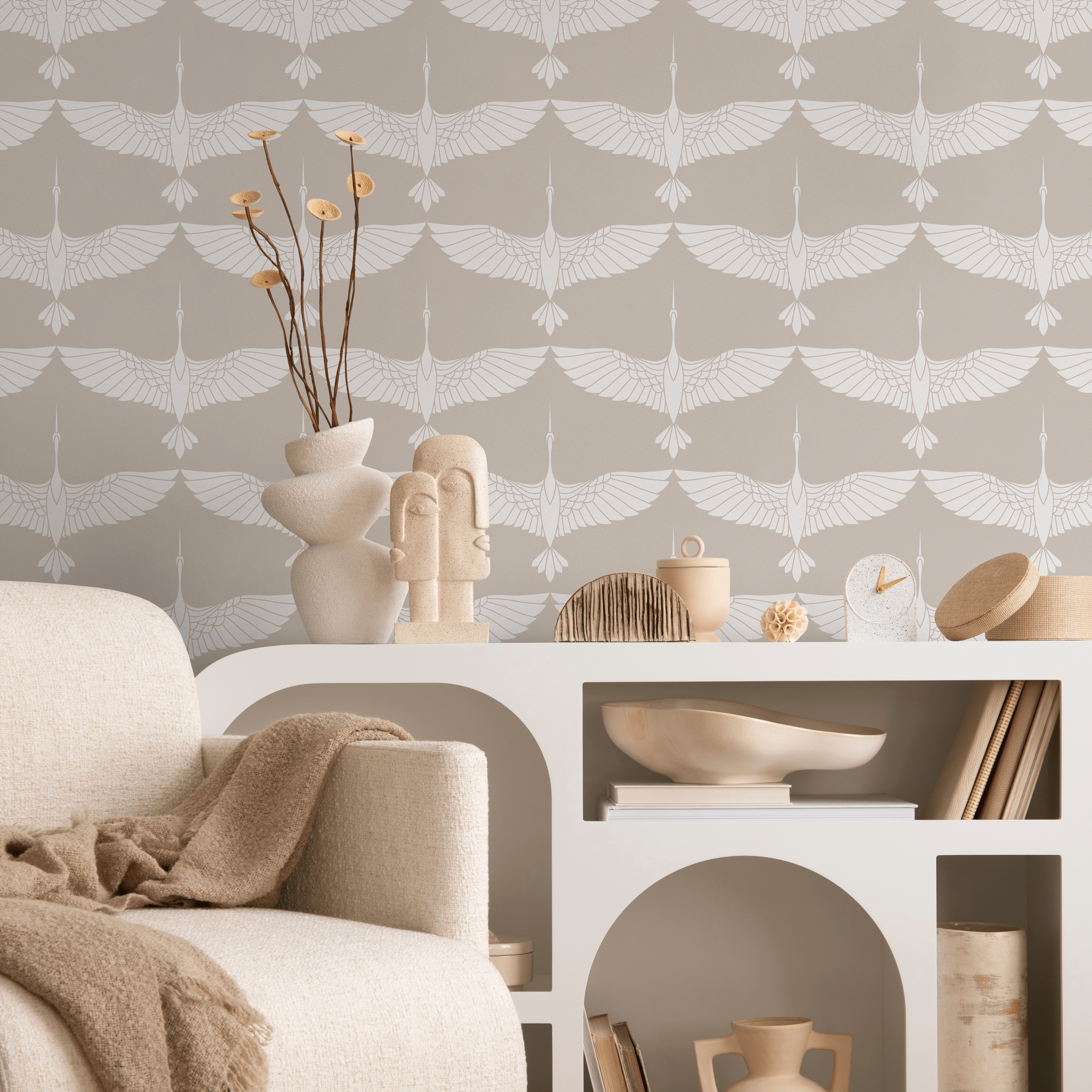 Art Deco Wallpaper With A Stylized Crane Motif In Cream And Taupe - D085