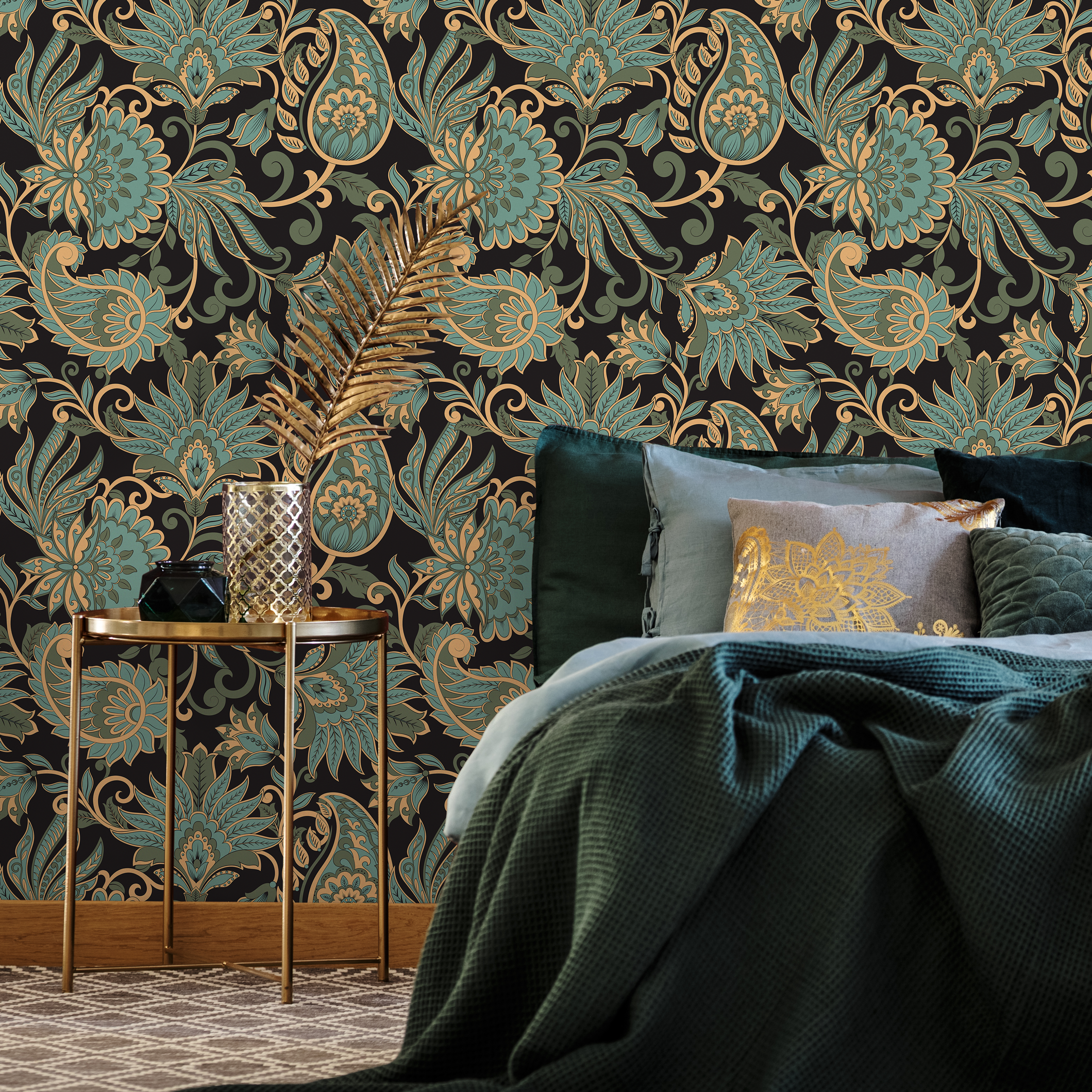 Victorian Wallpaper With An Intricate Paisley Motif In Green, Gold, And Black - D089