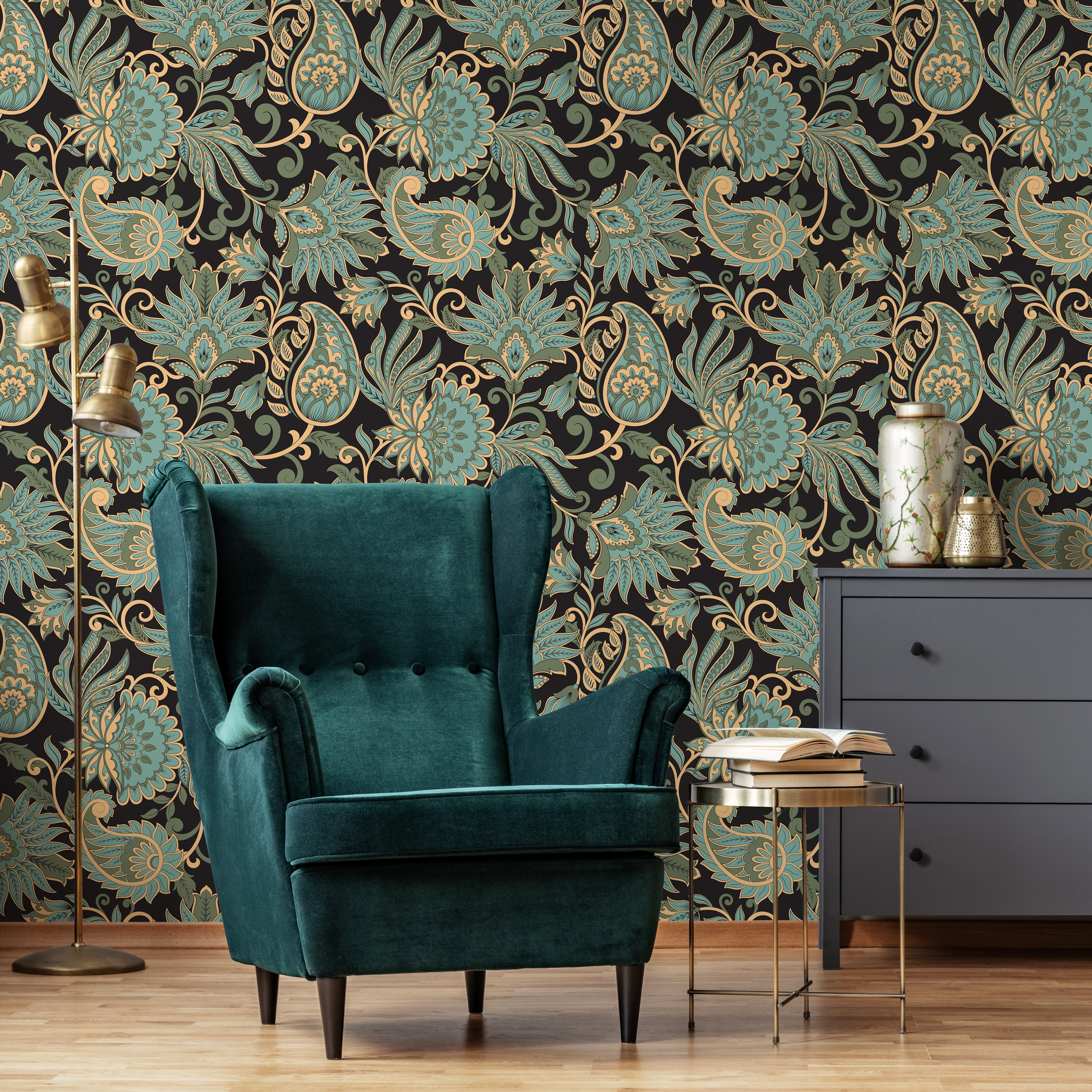 Victorian Wallpaper With An Intricate Paisley Motif In Green, Gold, And Black - D089