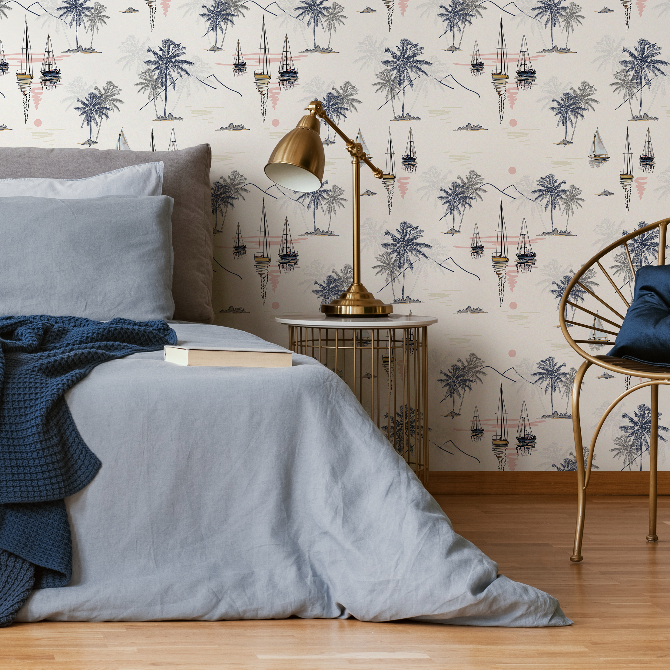 Coastal Wallpaper Featuring Sailboats And Palm Trees In Navy Blue, Beige, And Pink - D095