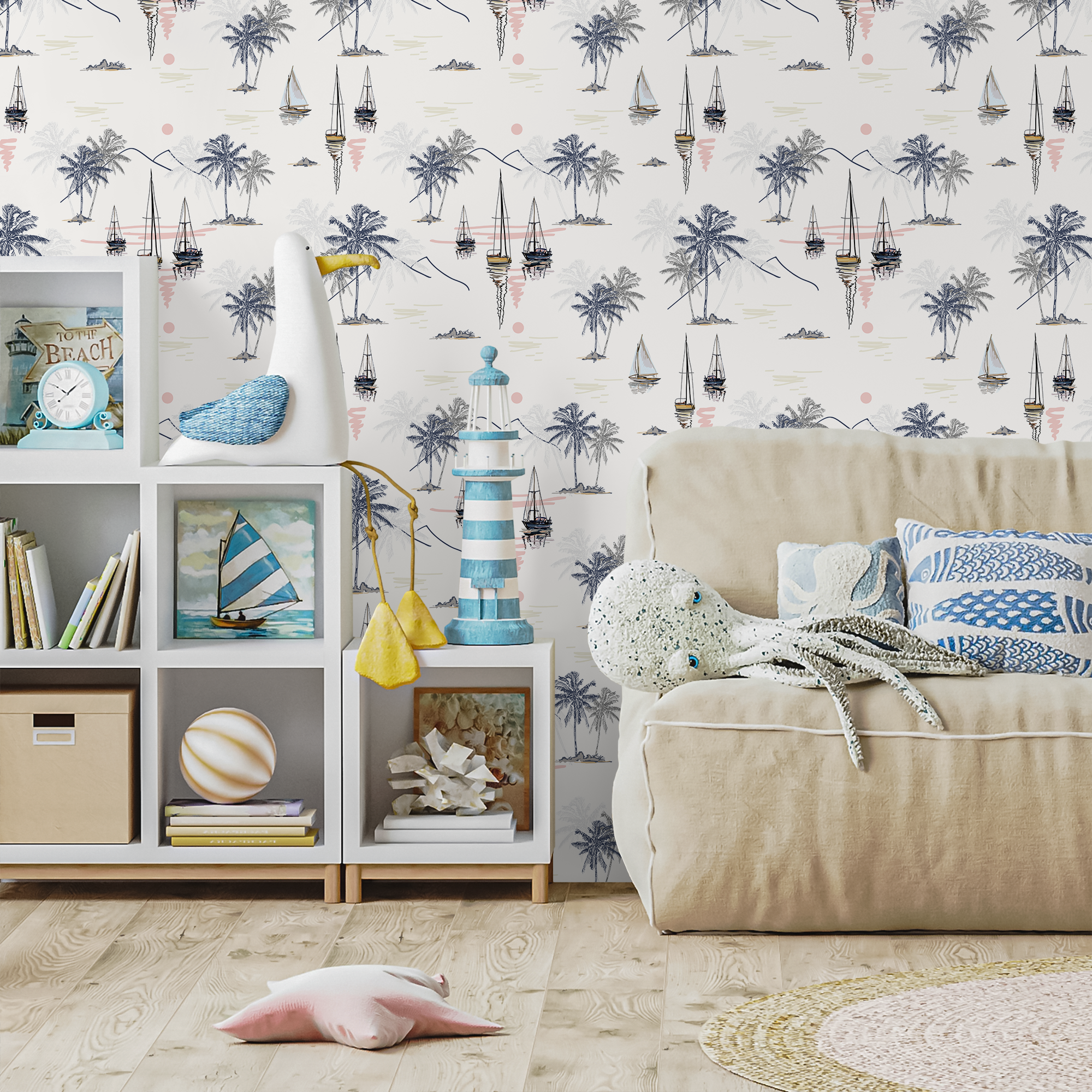 Coastal Wallpaper Featuring Sailboats And Palm Trees In Navy Blue, Beige, And Pink - D095