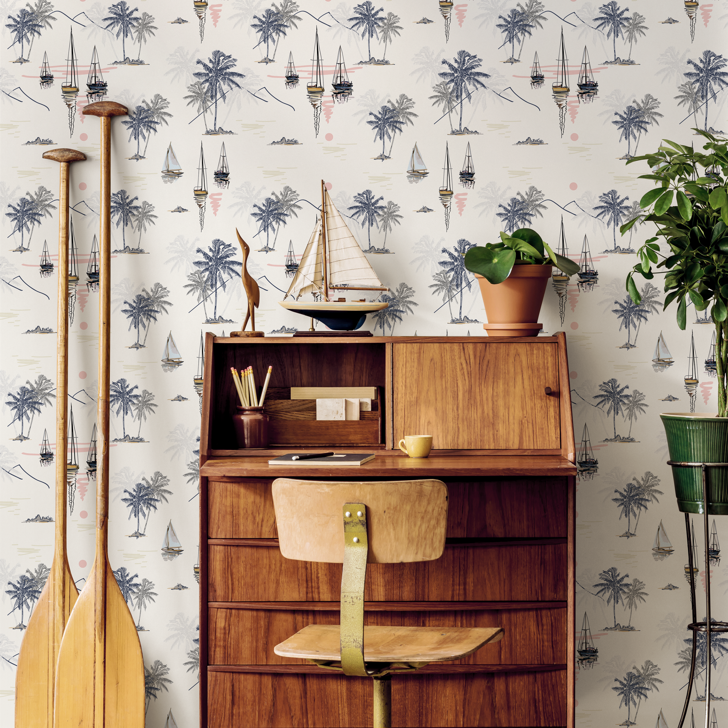 Coastal Wallpaper Featuring Sailboats And Palm Trees In Navy Blue, Beige, And Pink - D095