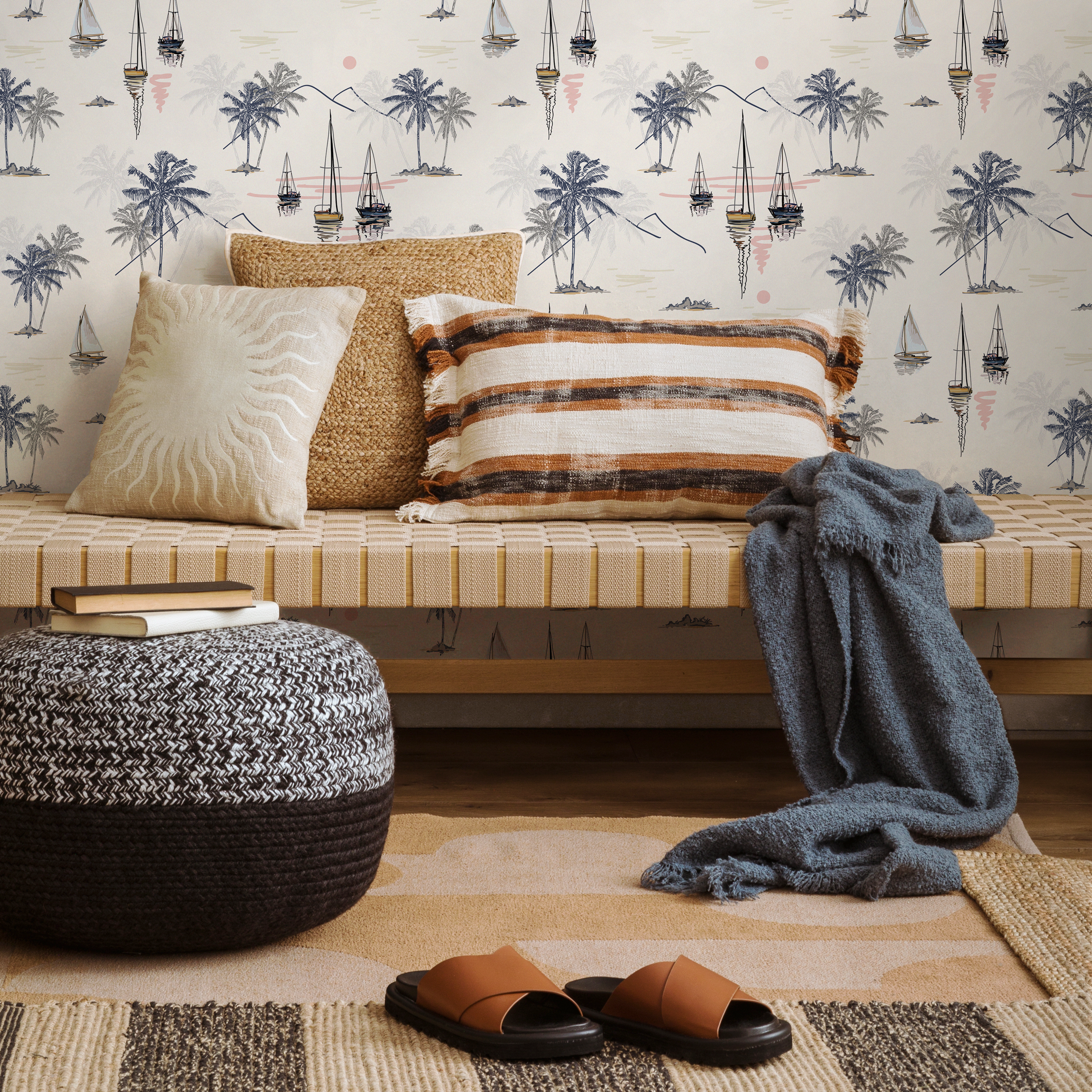 Coastal Wallpaper Featuring Sailboats And Palm Trees In Navy Blue, Beige, And Pink - D095