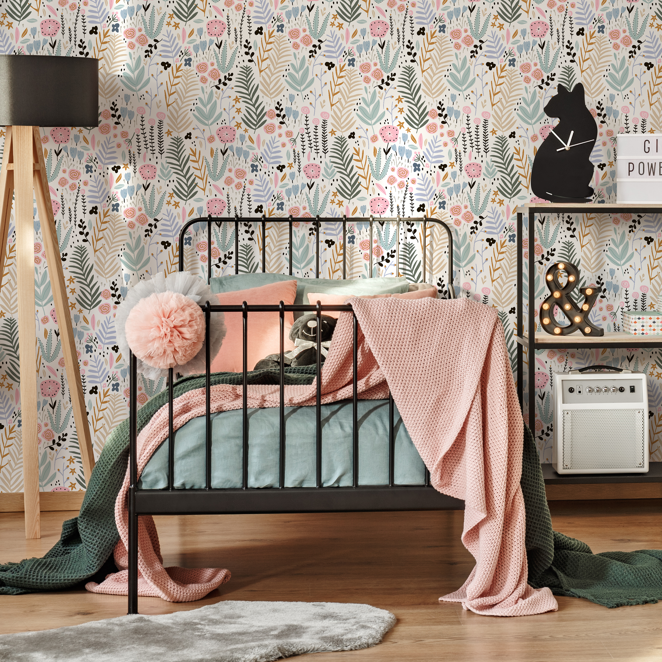 Botanical Wallpaper With A Scandinavian Floral Motif In Pink, Blue, And Green - D114
