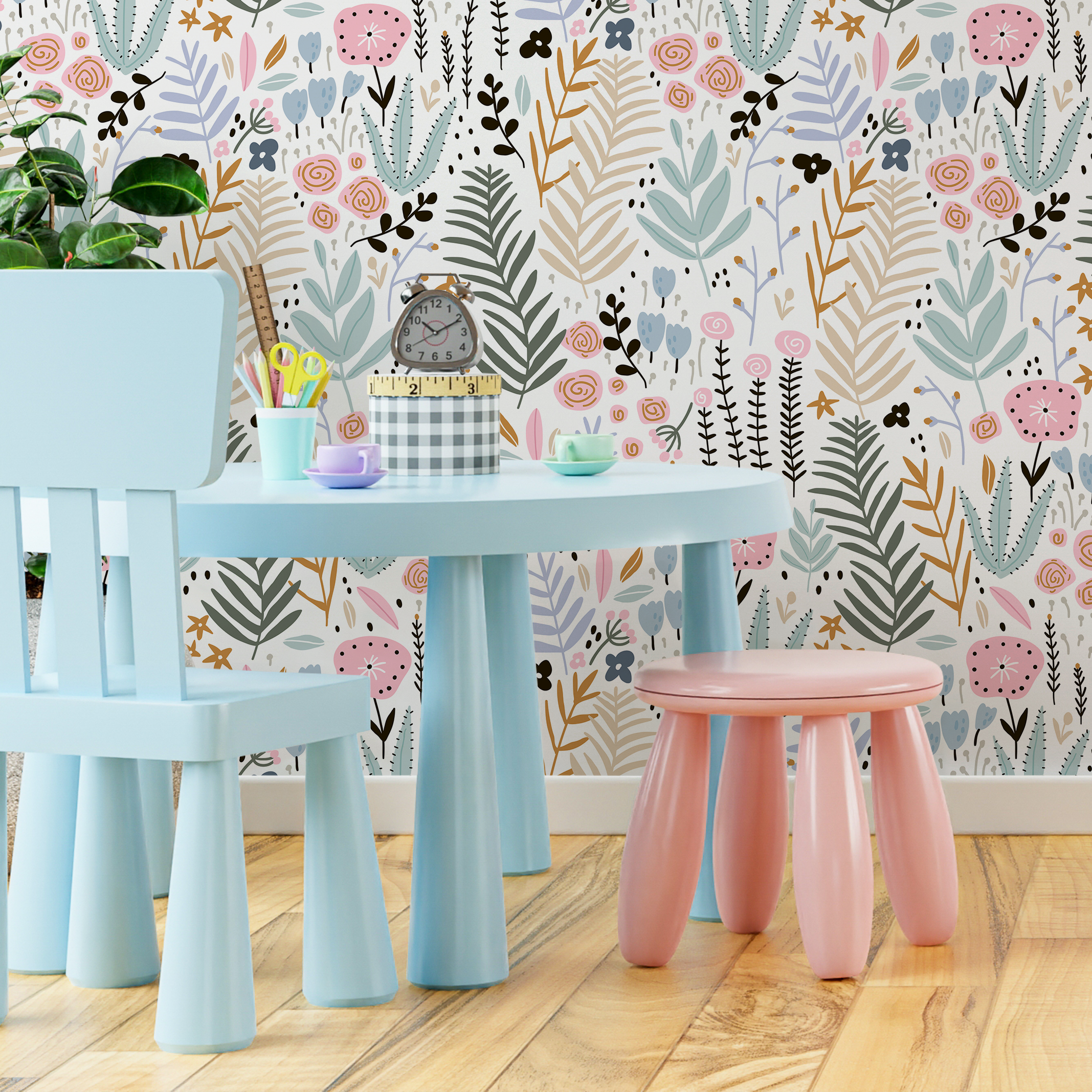 Botanical Wallpaper With A Scandinavian Floral Motif In Pink, Blue, And Green - D114