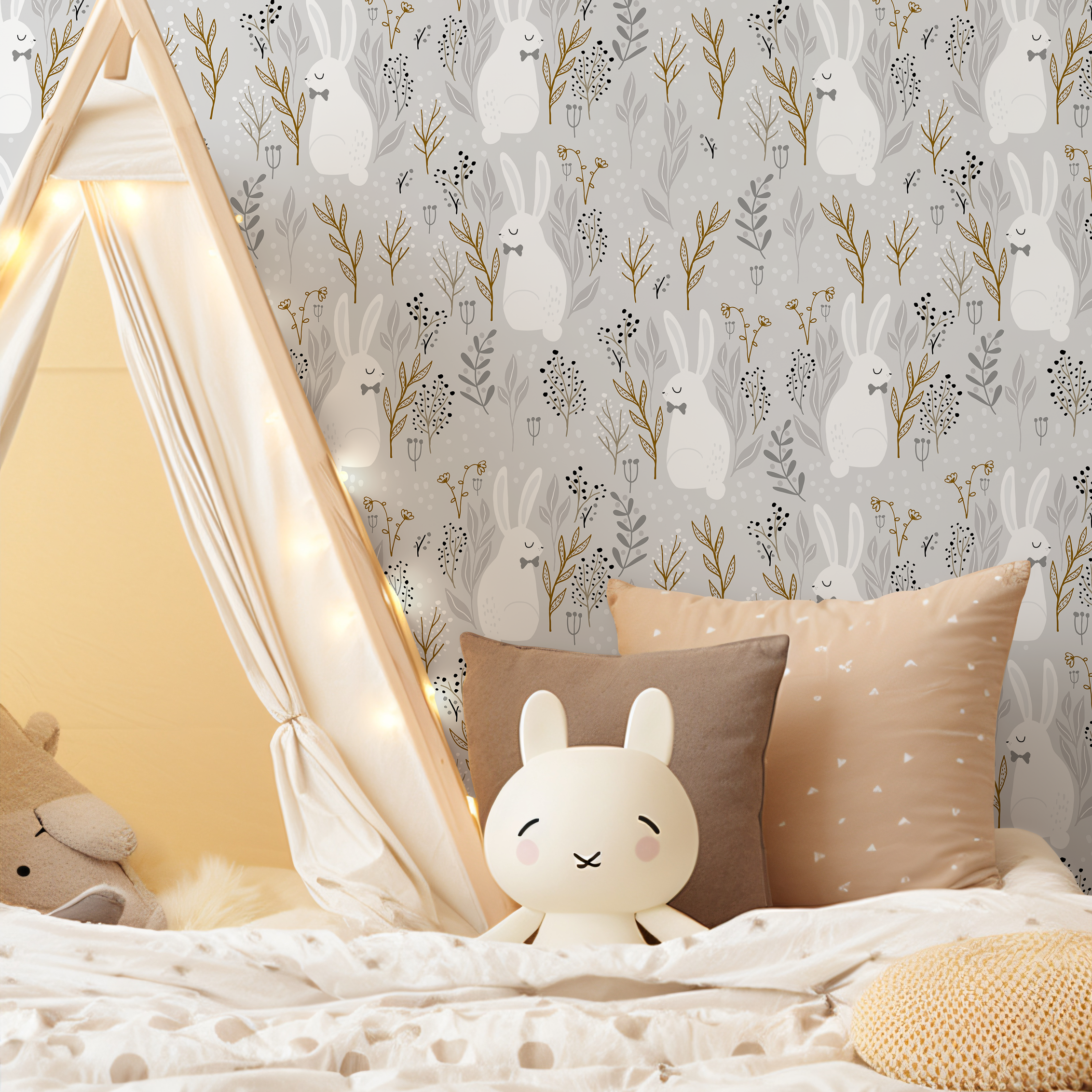 Nursery Wallpaper With A Whimsical Bunny Motif In Gray, Gold, And Black - D124