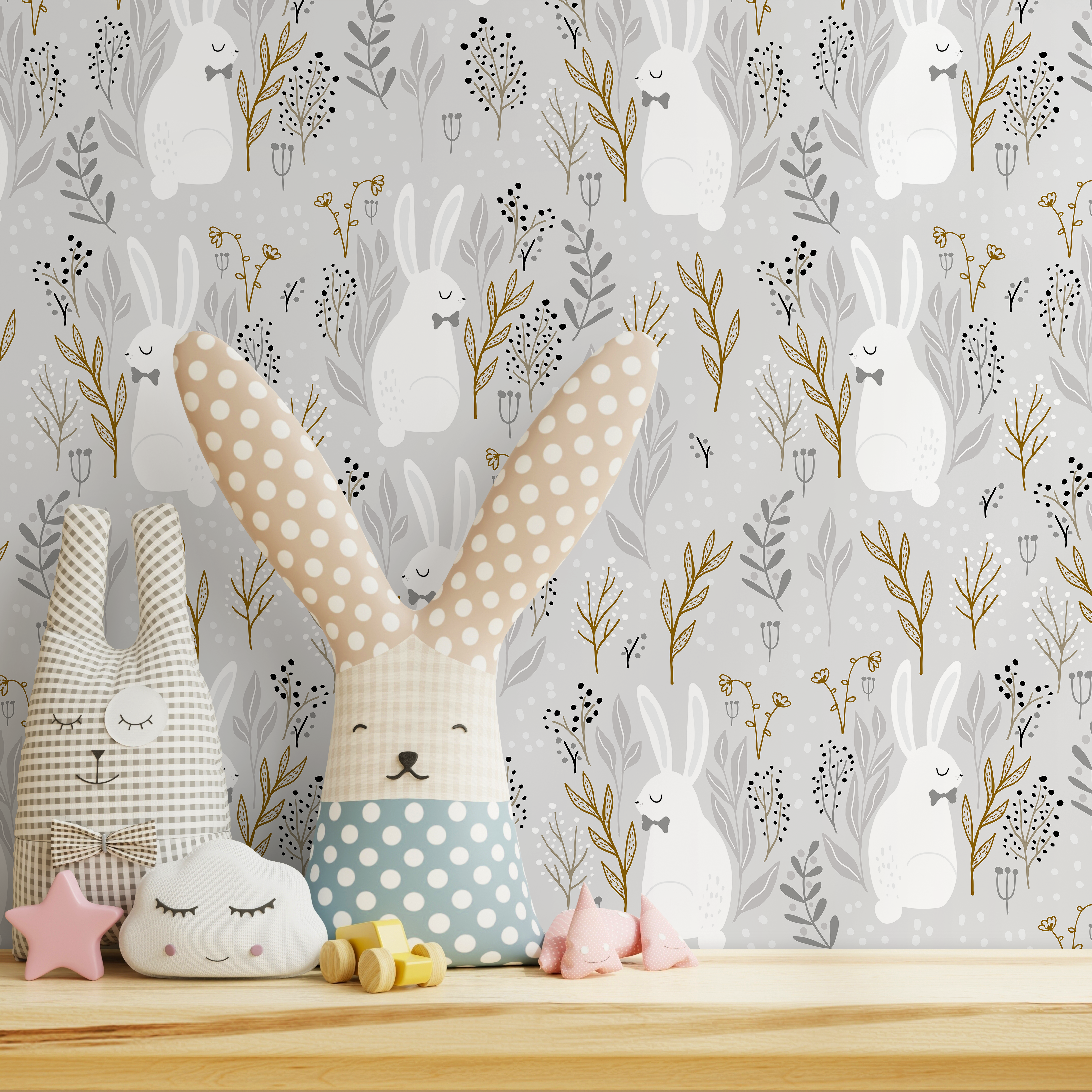 Nursery Wallpaper With A Whimsical Bunny Motif In Gray, Gold, And Black - D124