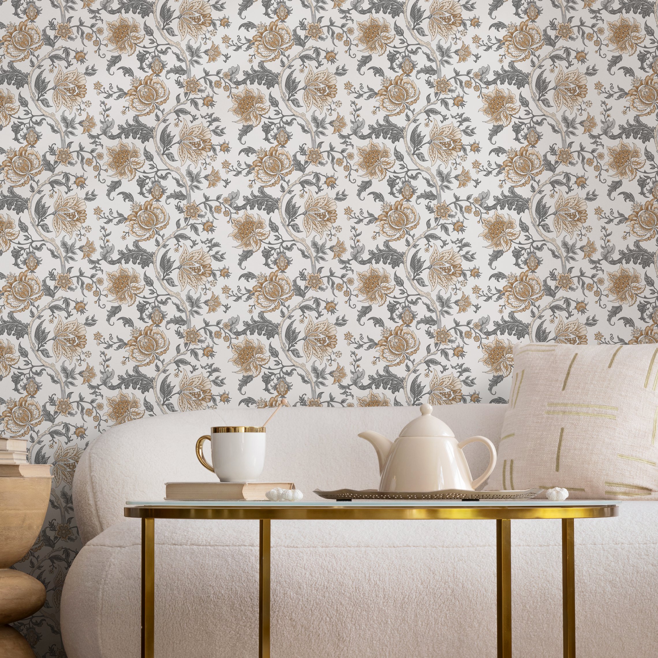 Floral Wallpaper Featuring Intricate Floral Vines In Tan And Grey - D130