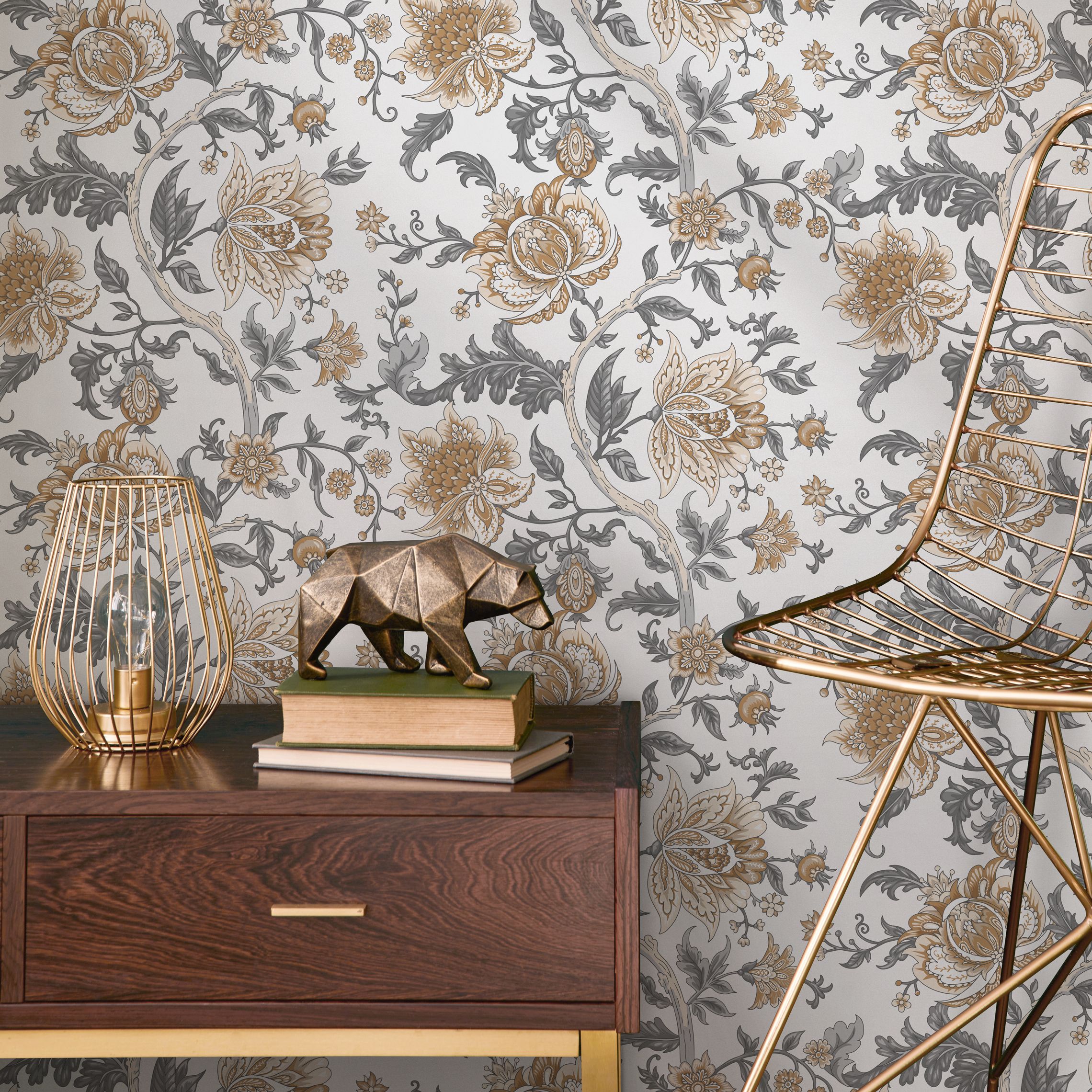 Floral Wallpaper Featuring Intricate Floral Vines In Tan And Grey - D130