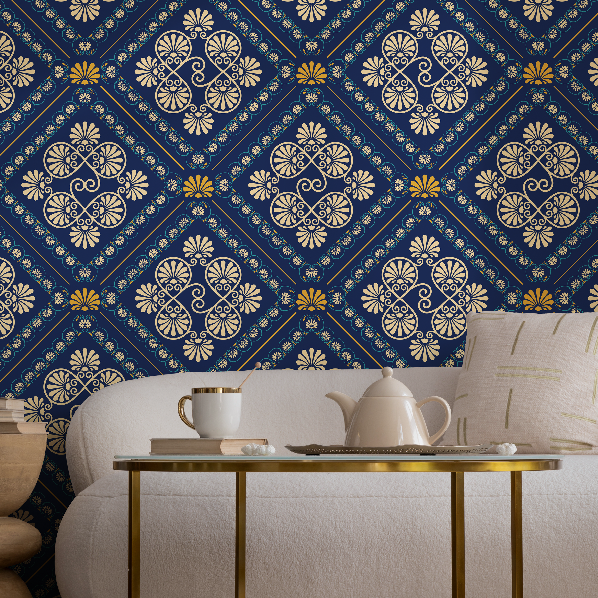Art Deco Wallpaper With Ornate Tile Motifs In Blue And Gold - D137