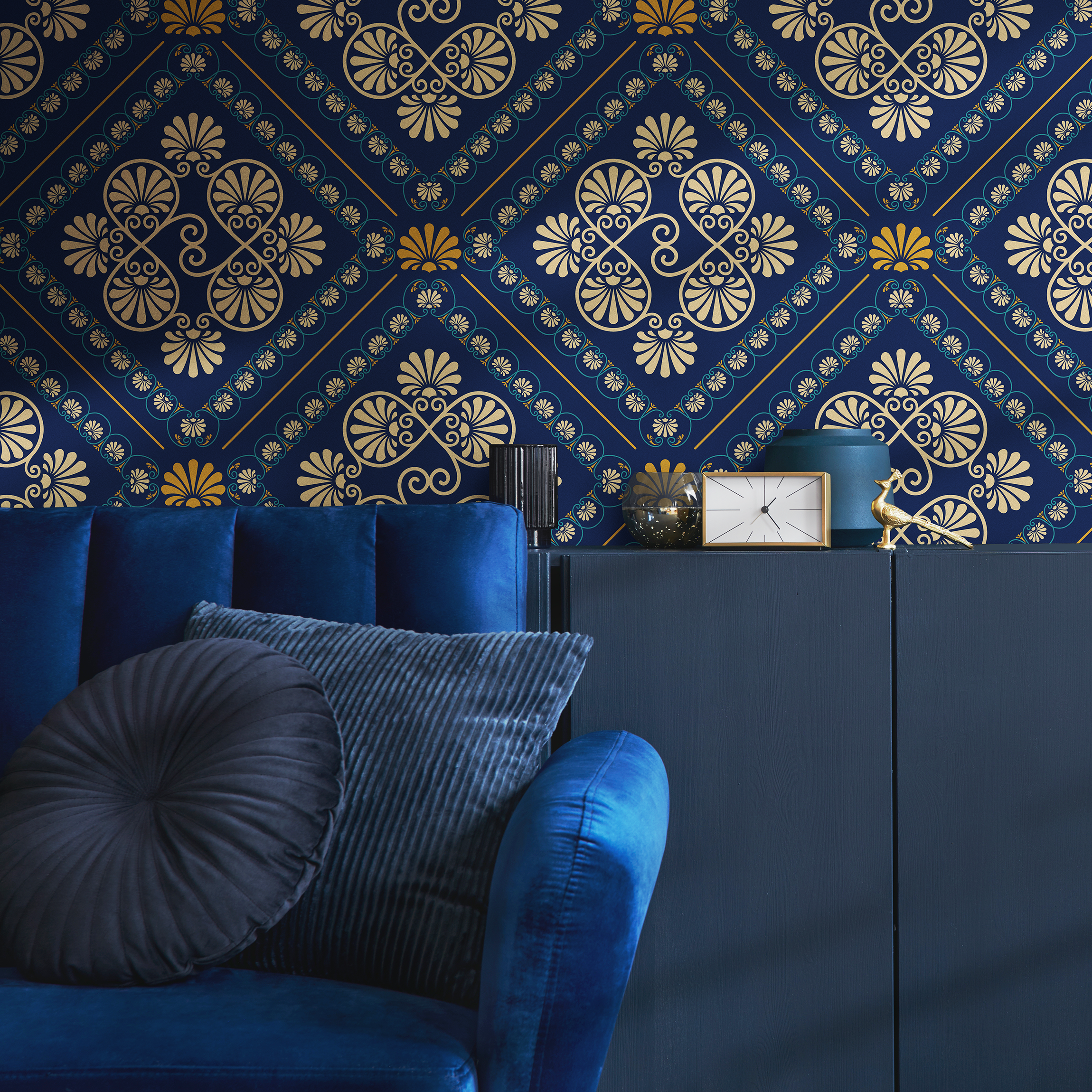 Art Deco Wallpaper With Ornate Tile Motifs In Blue And Gold - D137