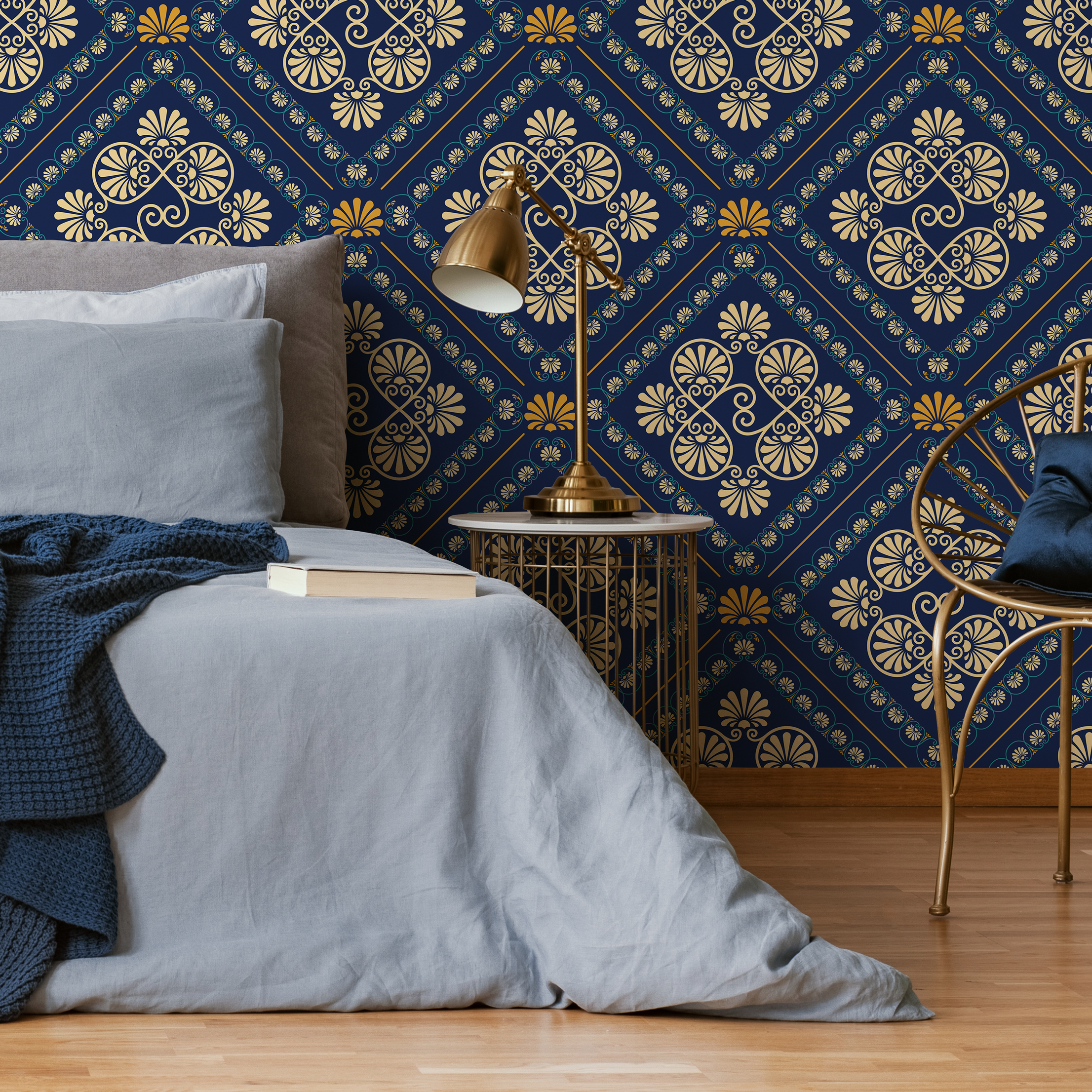 Art Deco Wallpaper With Ornate Tile Motifs In Blue And Gold - D137