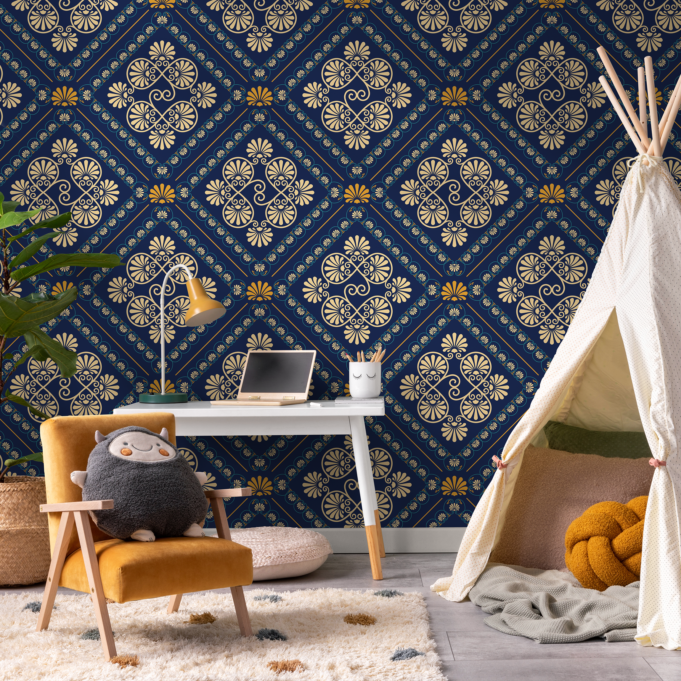 Art Deco Wallpaper With Ornate Tile Motifs In Blue And Gold - D137