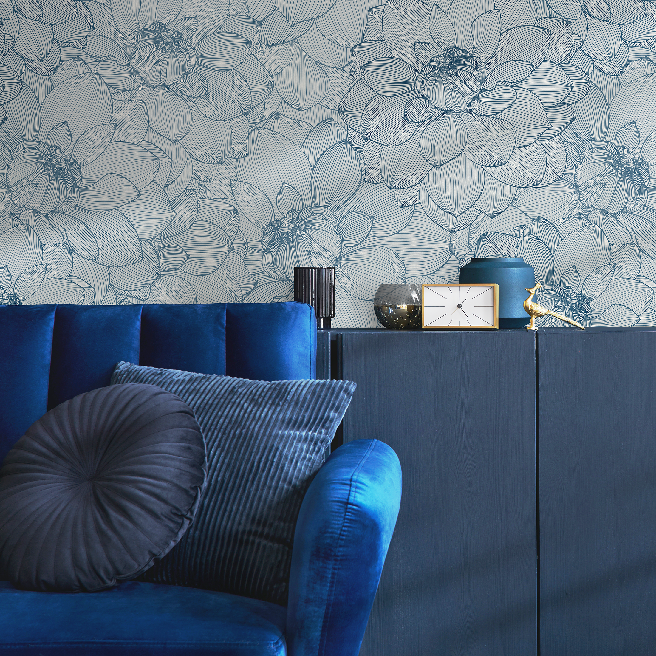 Floral Wallpaper With A Delicate Peony Line Drawing In Blue And Gray - D142