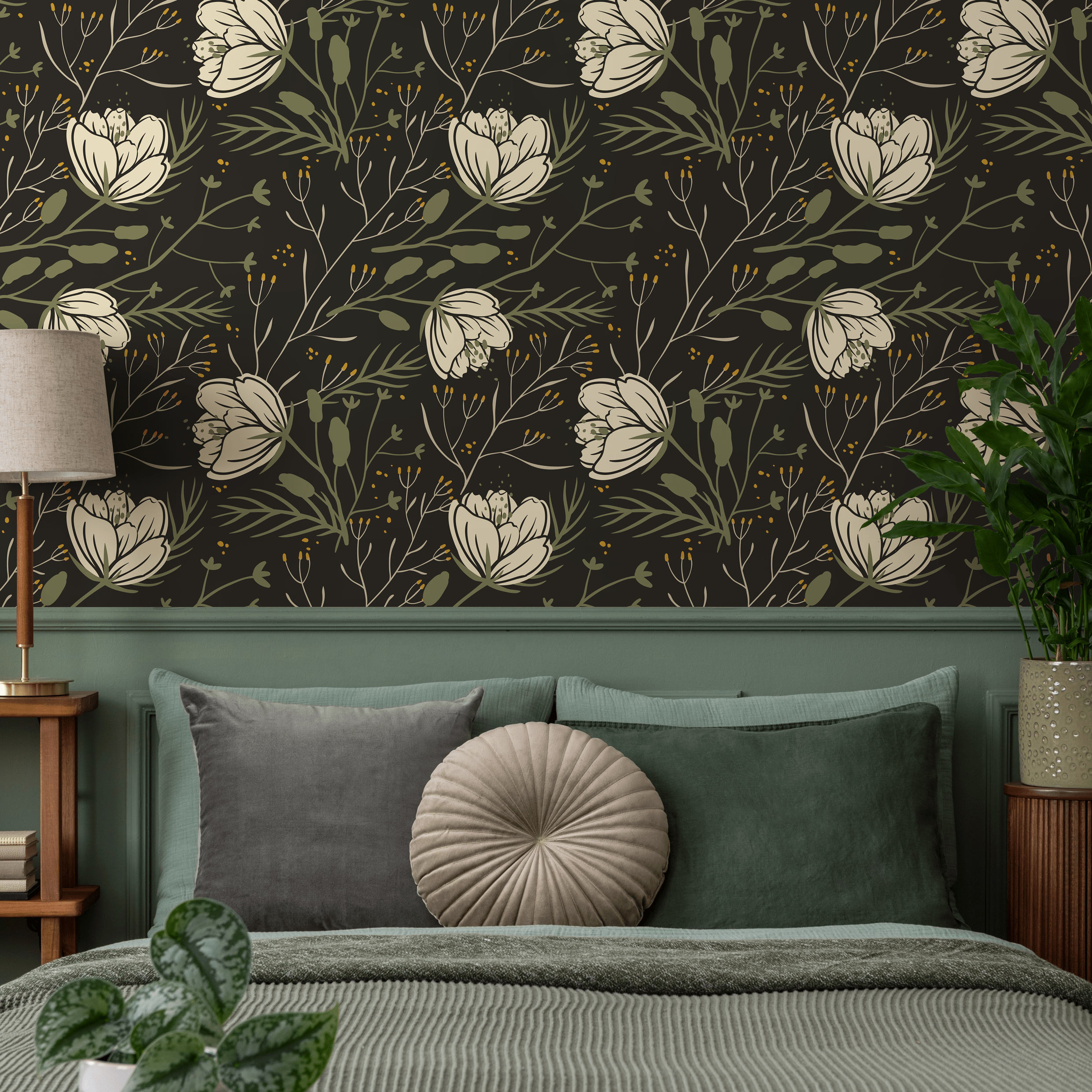 Scandinavian Floral Wallpaper With Folk Art Blooms In Dark Gray, Cream, And Green - D149
