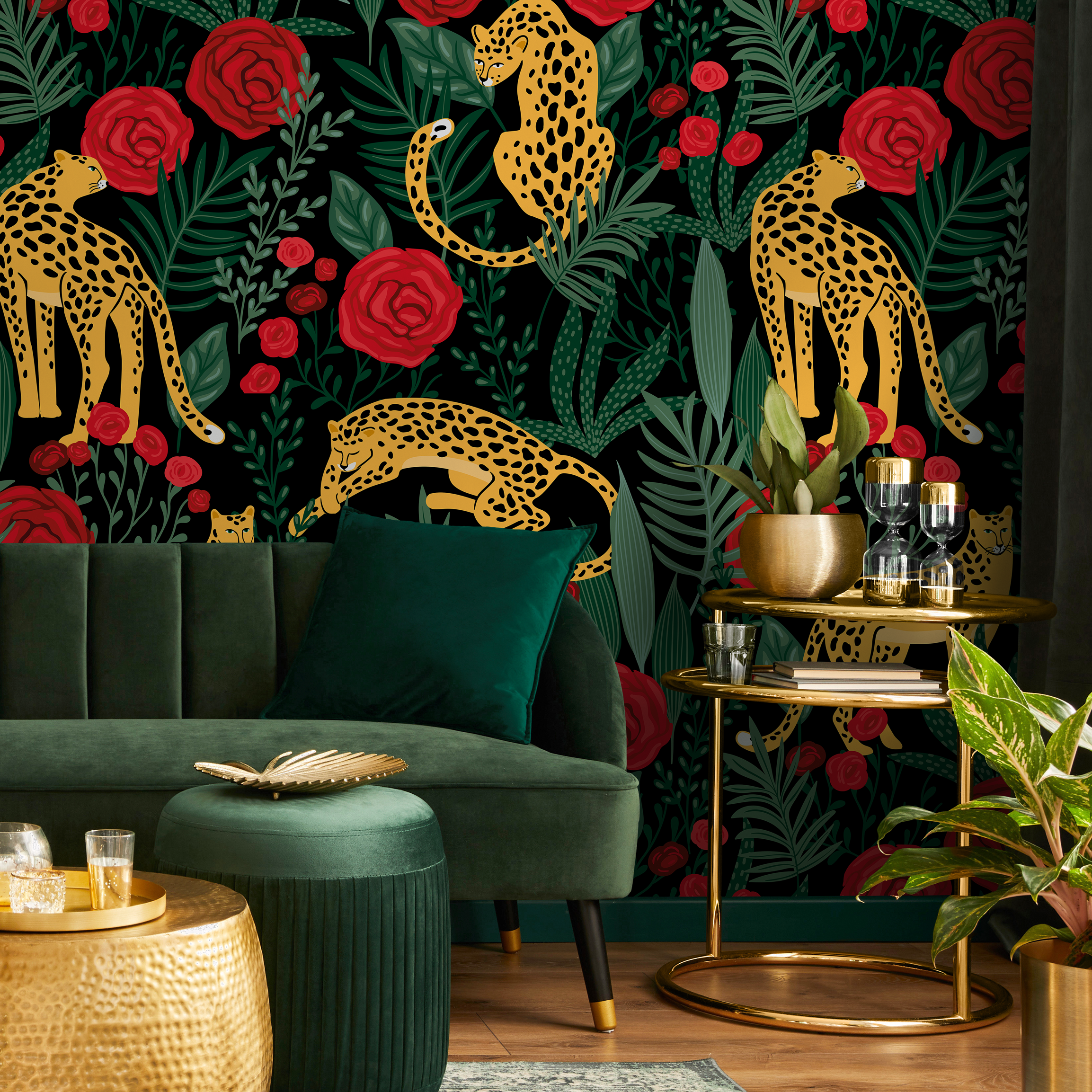 Botanical Wallpaper With Tigers And Red Roses In Green And Yellow - D154